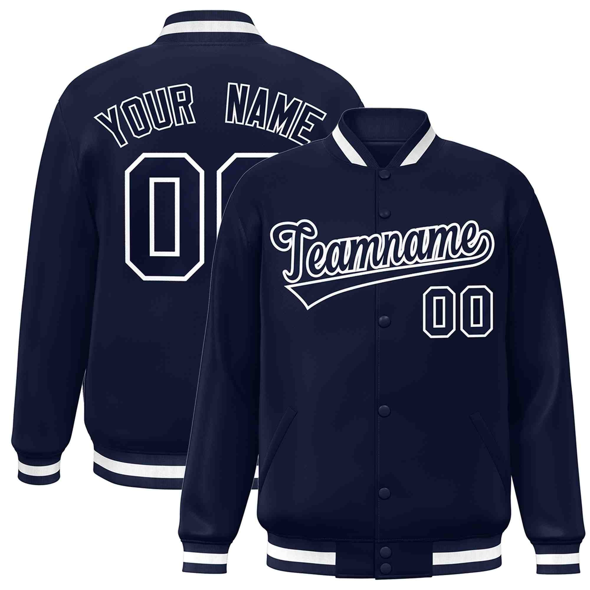 Veste Letterman personnalisée de style classique bleu marine et blanc