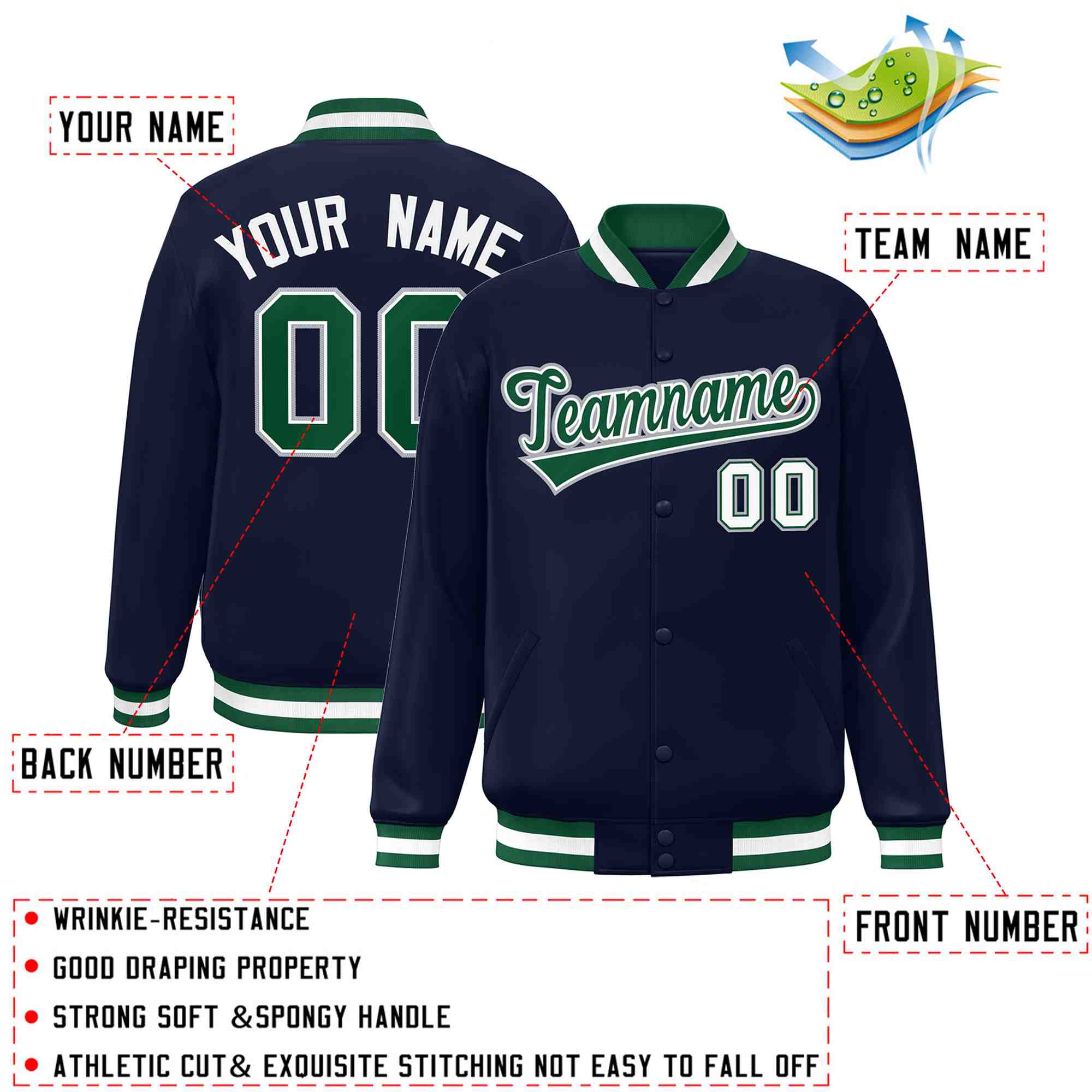 Custom Navy Green-White Classic Style Varsity Full-Snap Letterman Jacket