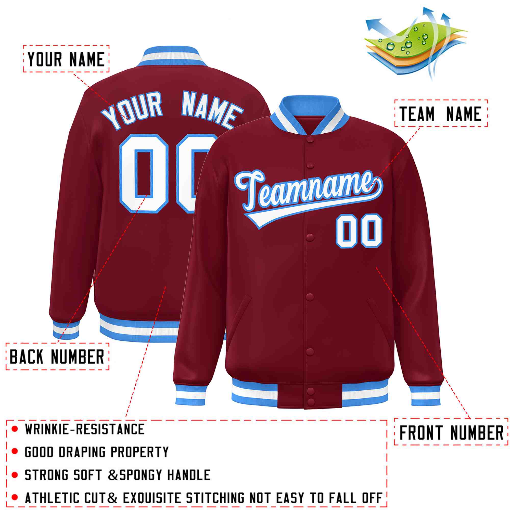 Custom Crimson White-Powder Blue Classic Style Varsity Full-Snap Letterman Jacket