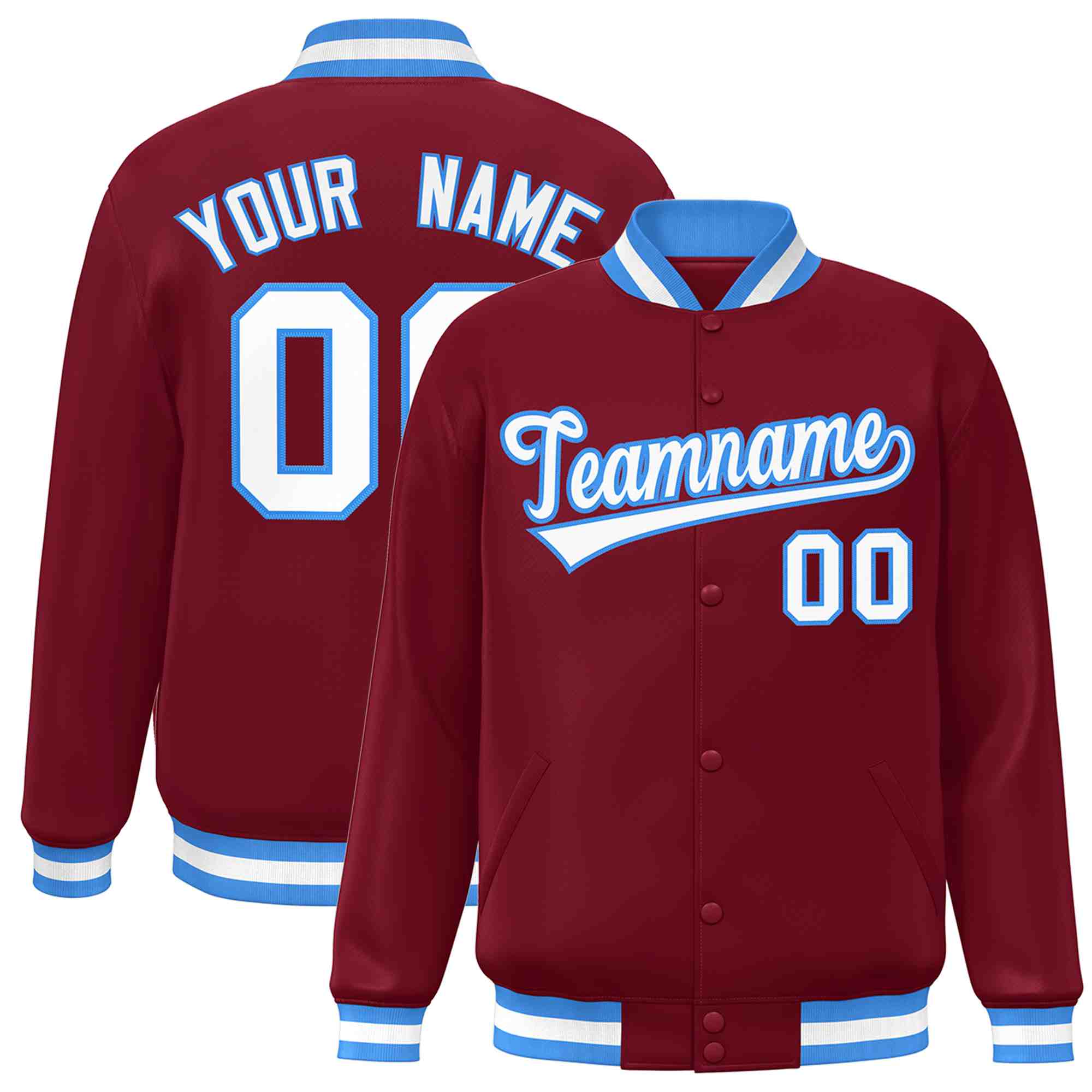 Custom Crimson White-Powder Blue Classic Style Varsity Full-Snap Letterman Jacket