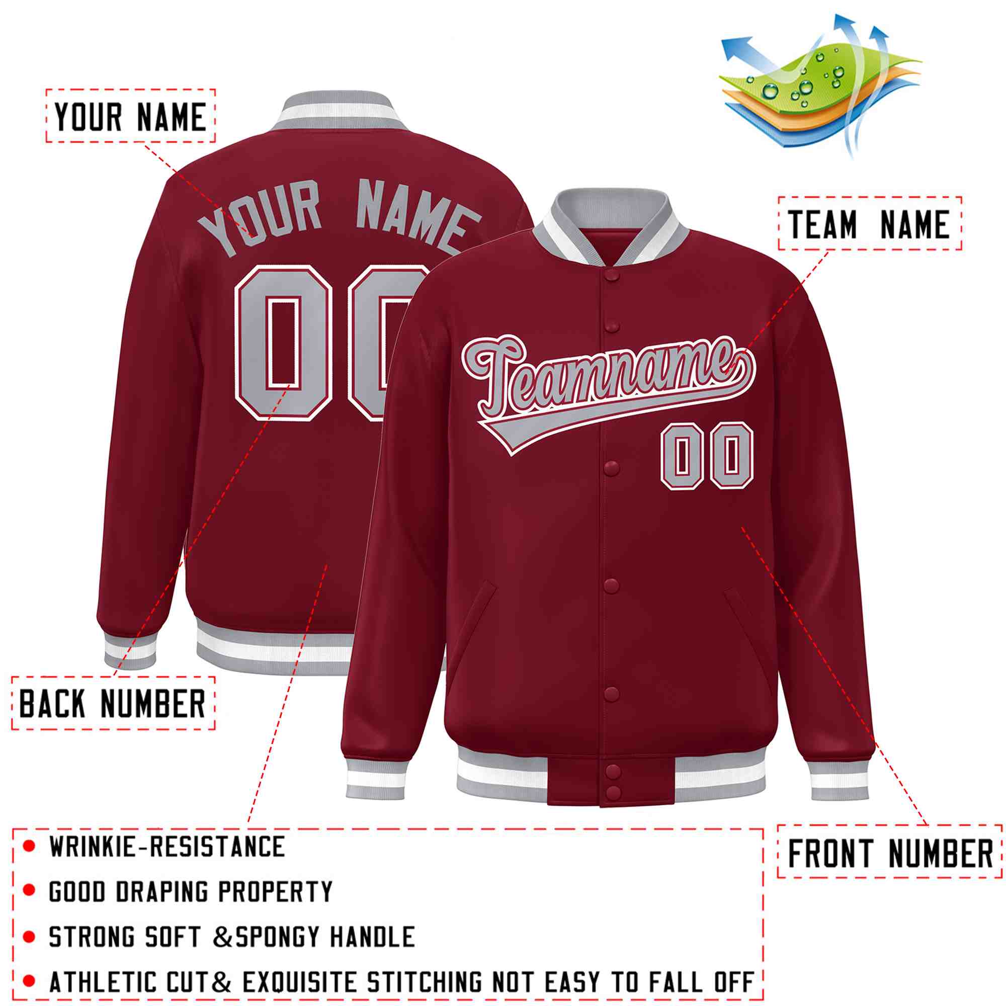 Custom Crimson Gray-Crimson Classic Style Varsity Full-Snap Letterman Jacket