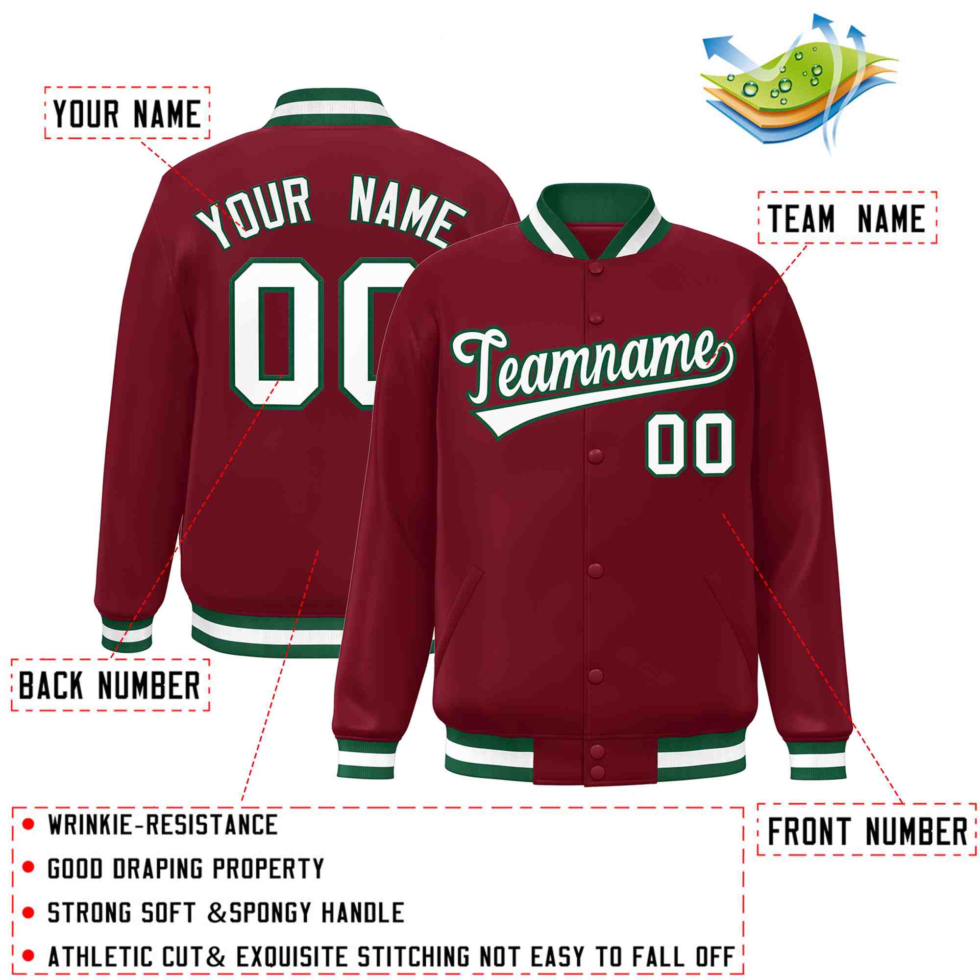 Custom Crimson White-Green Classic Style Varsity Full-Snap Letterman Jacket