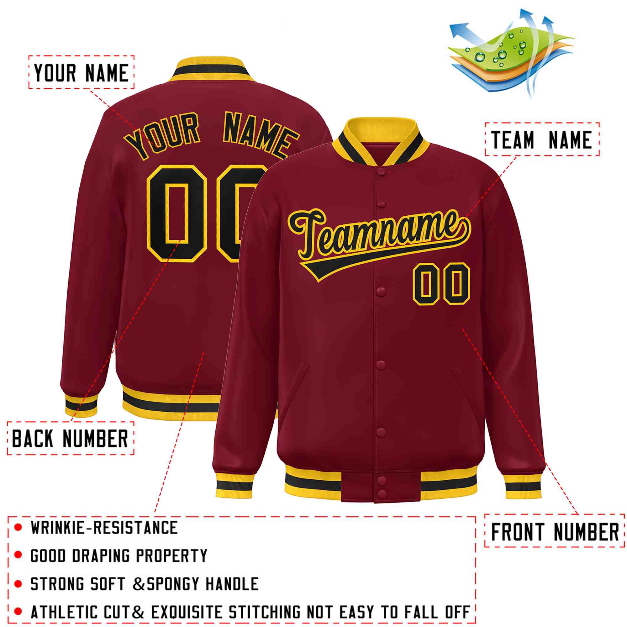 Custom Crimson Black-Gold Classic Style Varsity Full-Snap Letterman Jacket