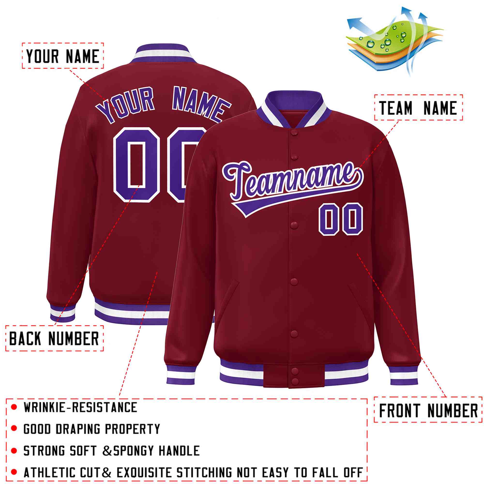 Custom Crimson Purple-White Classic Style Varsity Full-Snap Letterman Jacket