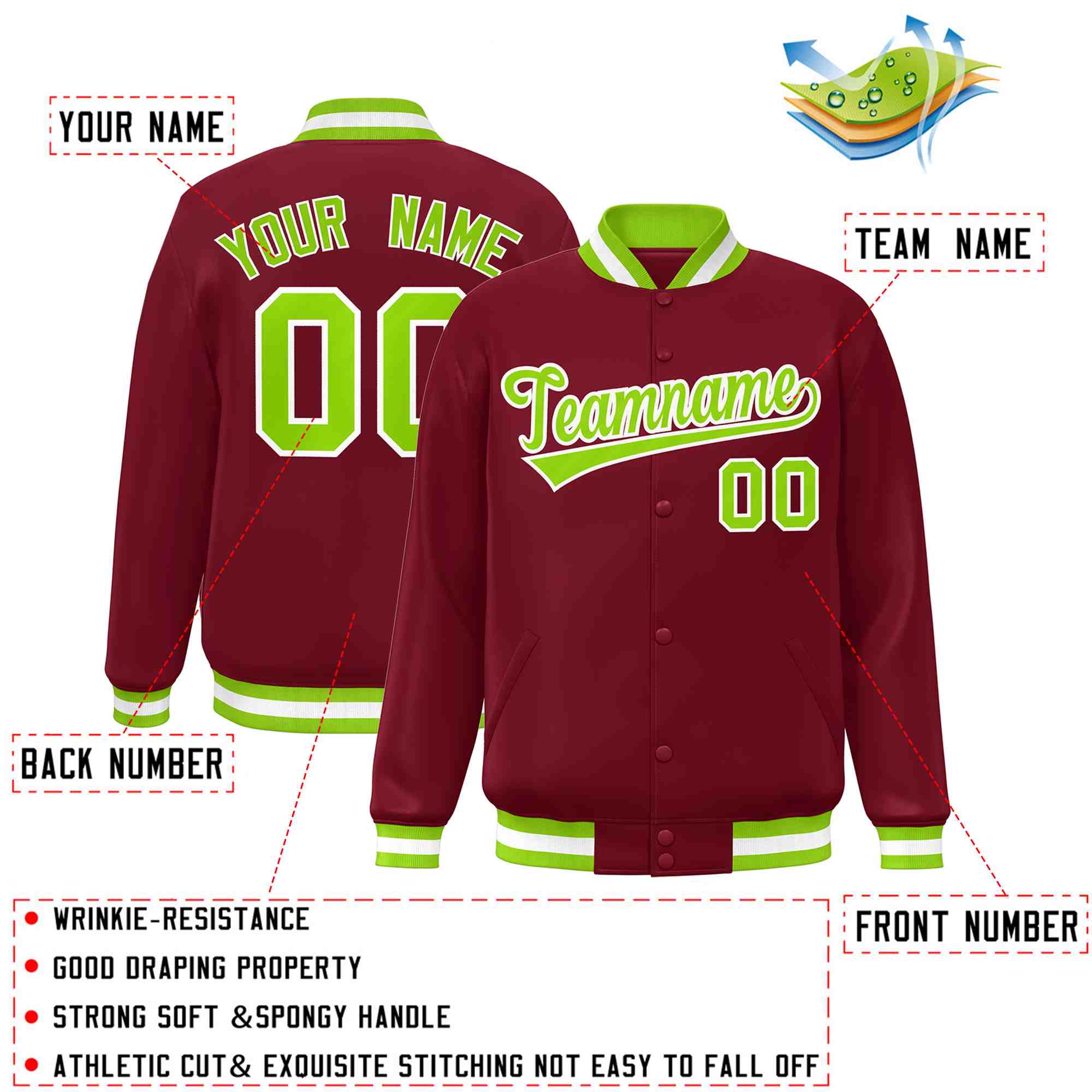 Custom Crimson Neon Green-White Classic Style Varsity Full-Snap Letterman Jacket