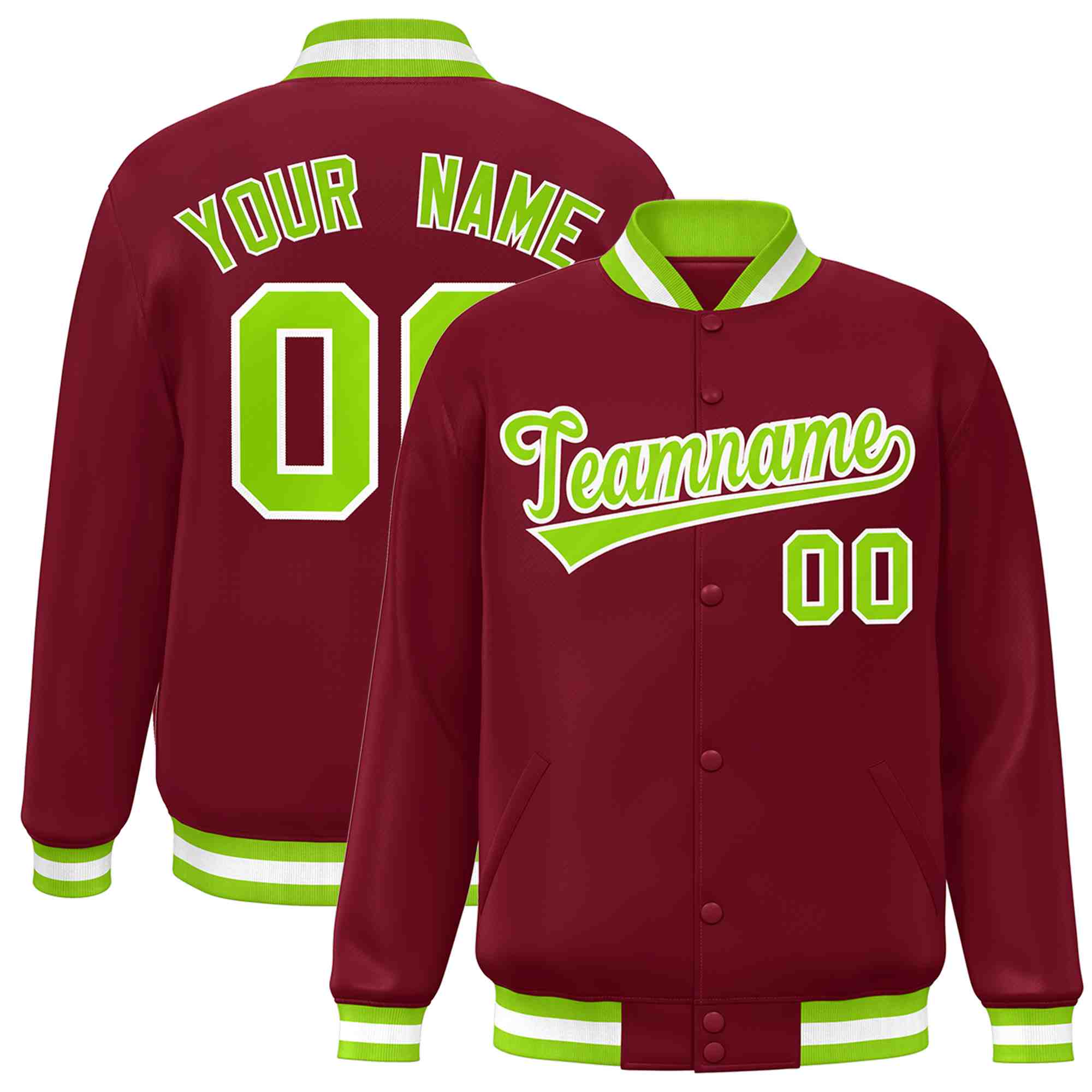 Custom Crimson Neon Green-White Classic Style Varsity Full-Snap Letterman Jacket