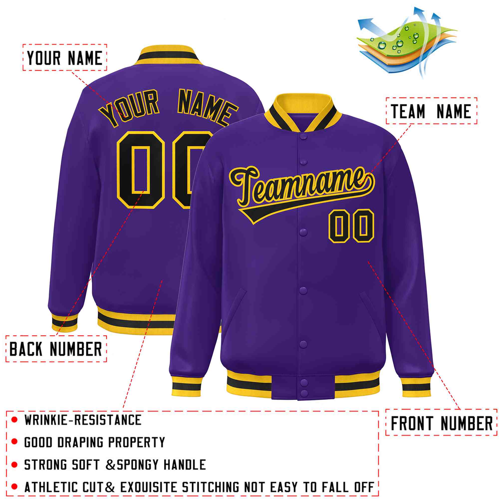 Custom Purple Black-Gold Classic Style Varsity Full-Snap Letterman Jacket