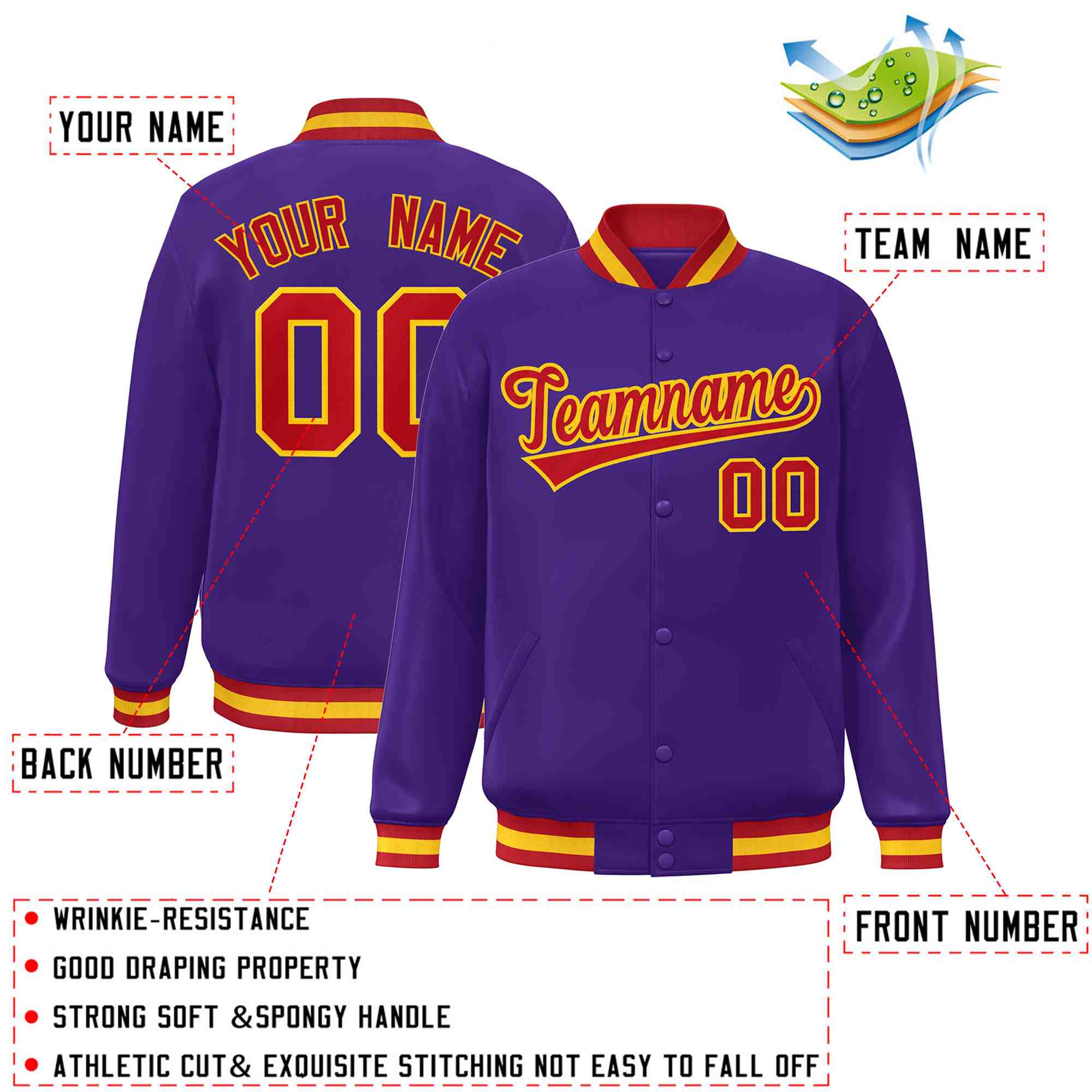 Custom Purple Red-Gold Classic Style Varsity Full-Snap Letterman Jacket