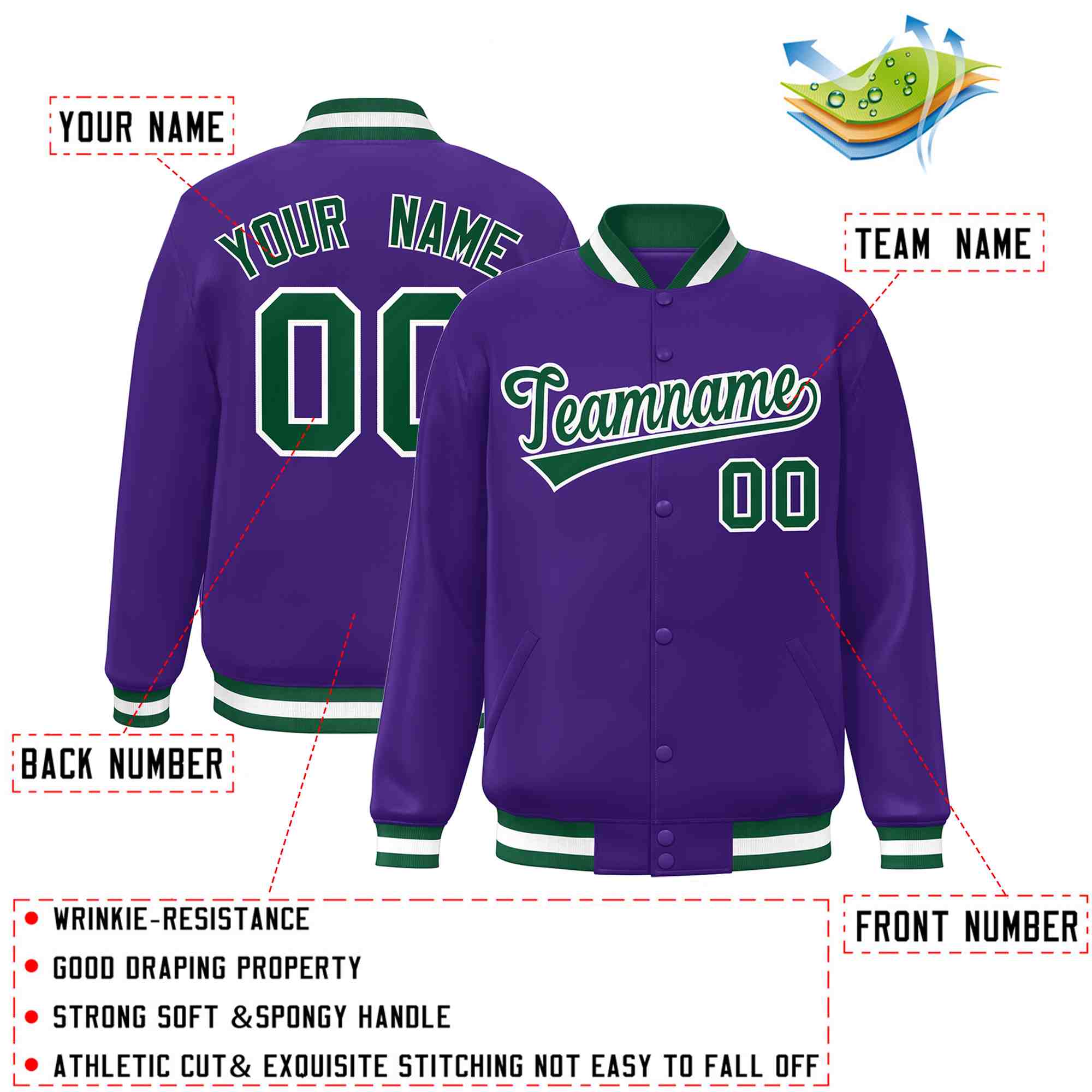 Custom Purple Green-White Classic Style Varsity Full-Snap Letterman Jacket