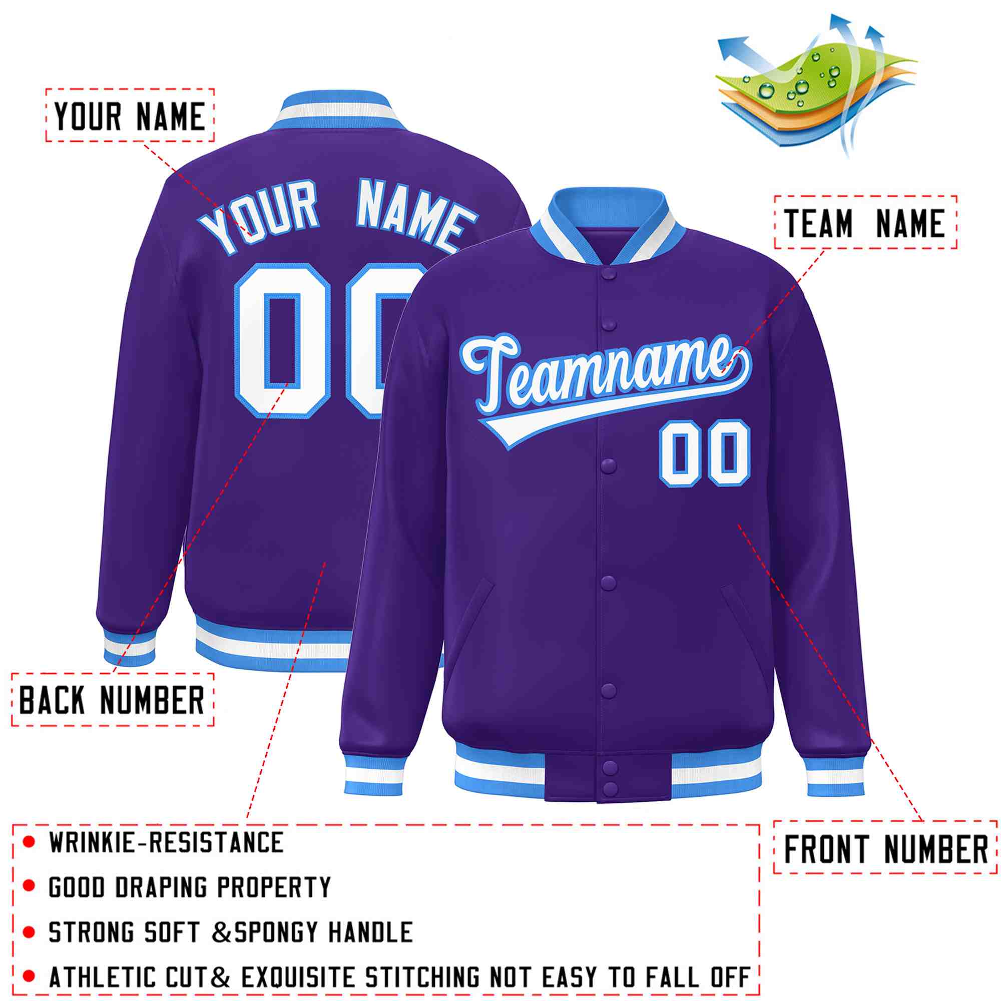 Custom Purple White-Powder Blue Classic Style Varsity Full-Snap Letterman Jacket