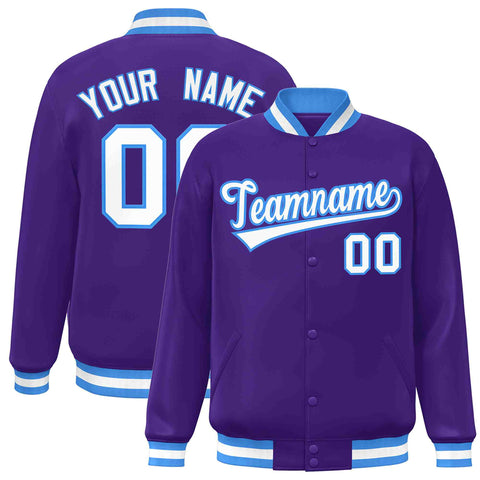 Custom Purple White-Powder Blue Classic Style Varsity Full-Snap Letterman Jacket
