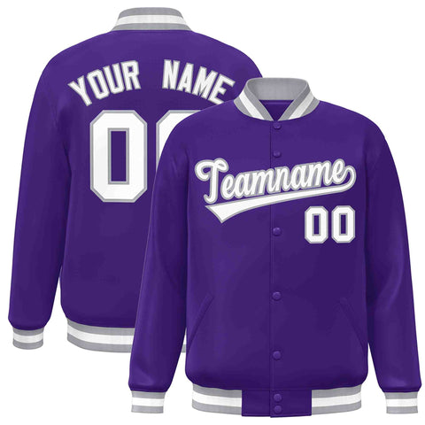 Custom Purple White-Gray Classic Style Varsity Full-Snap Letterman Jacket