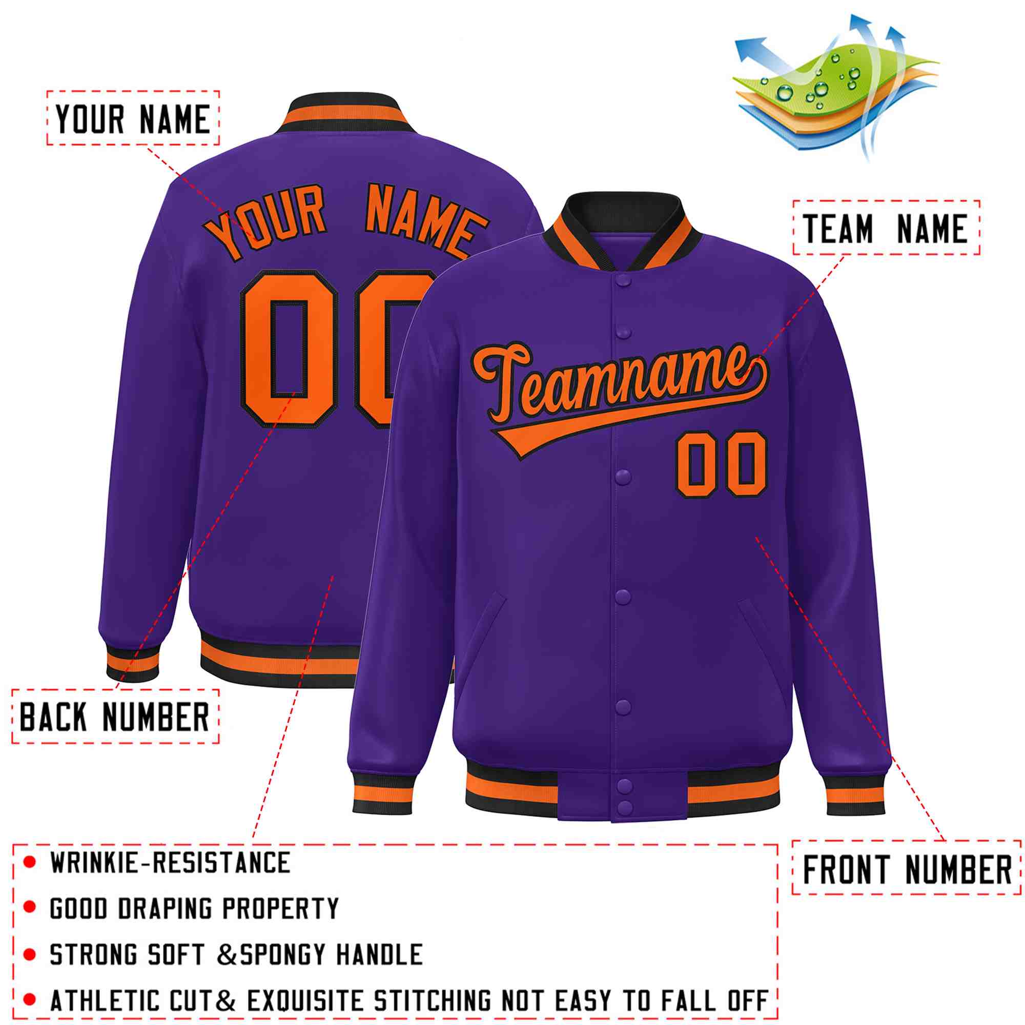 Custom Purple Orange-Black Classic Style Varsity Full-Snap Letterman Jacket