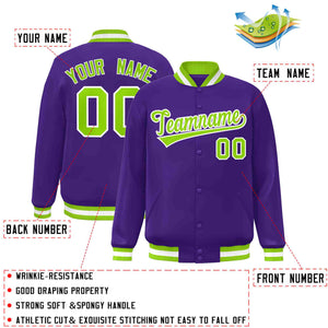 Custom Purple Neon Green-White Classic Style Varsity Full-Snap Letterman Jacket