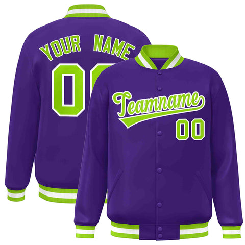 Custom Purple Neon Green-White Classic Style Varsity Full-Snap Letterman Jacket
