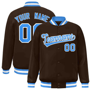 Custom Brown Powder Blue-White Classic Style Varsity Full-Snap Letterman Jacket