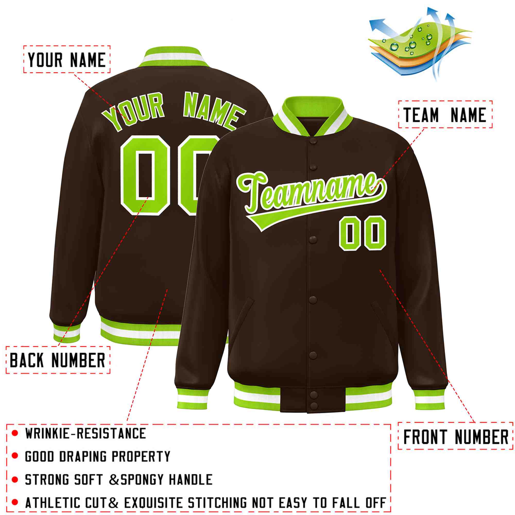 Custom Brown Neon Green-White Classic Style Varsity Full-Snap Letterman Jacket