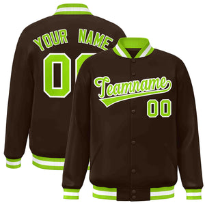 Custom Brown Neon Green-White Classic Style Varsity Full-Snap Letterman Jacket