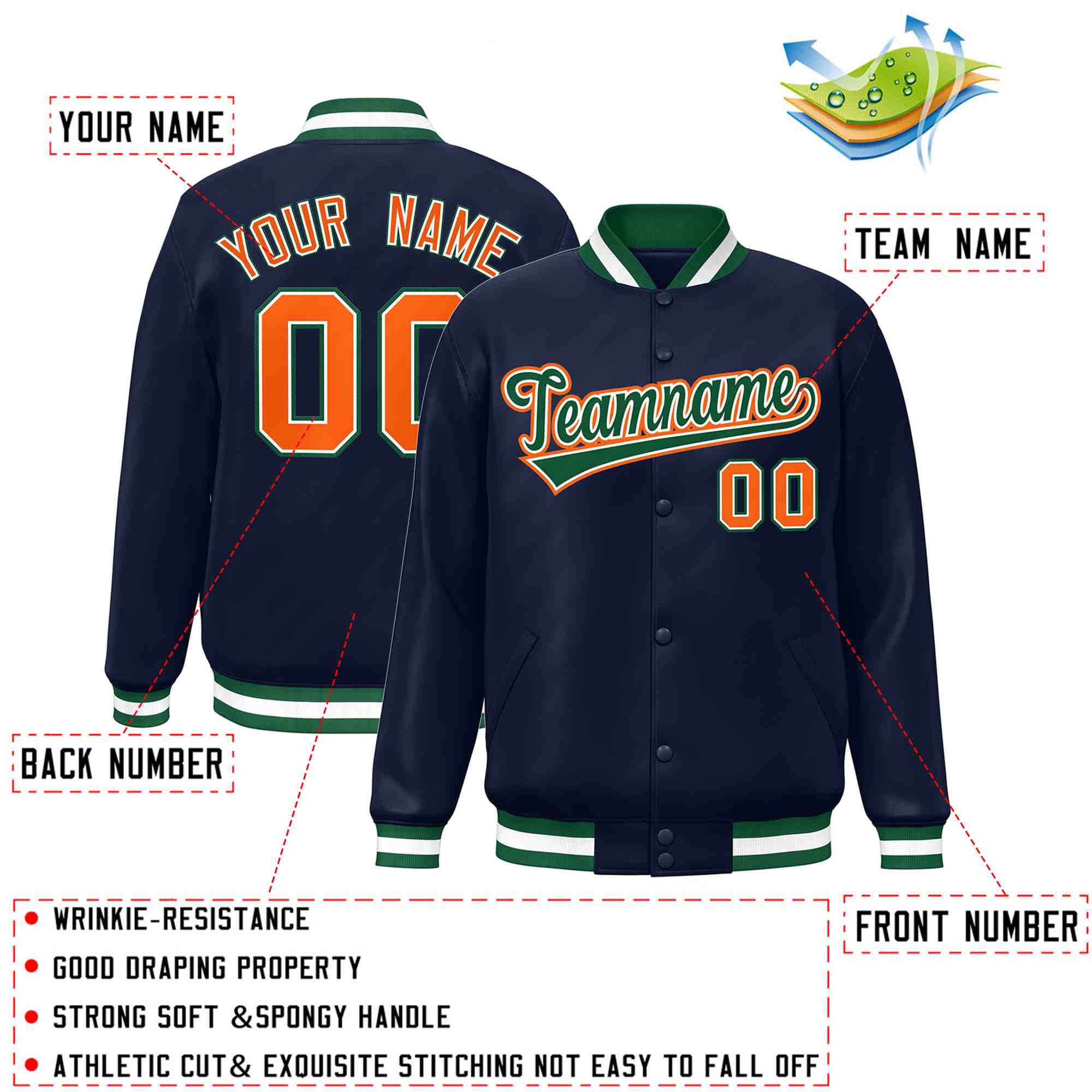 Custom Navy Green-White Classic Style Varsity Full-Snap Letterman Jacket