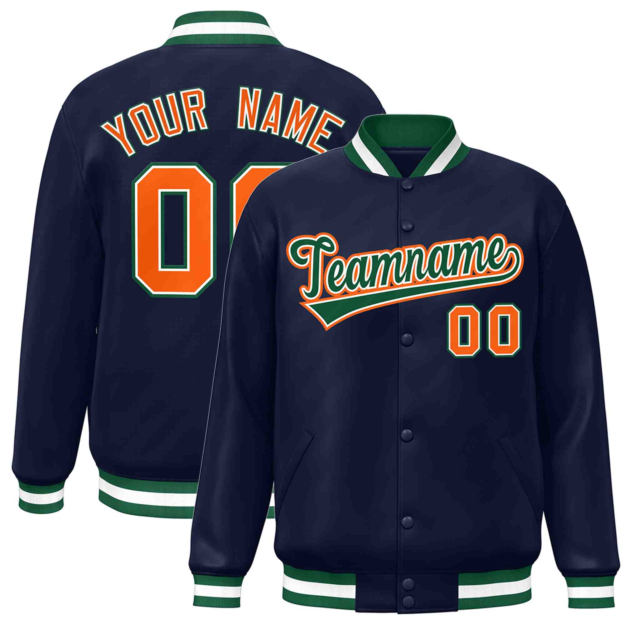 Custom Navy Green-White Classic Style Varsity Full-Snap Letterman Jacket