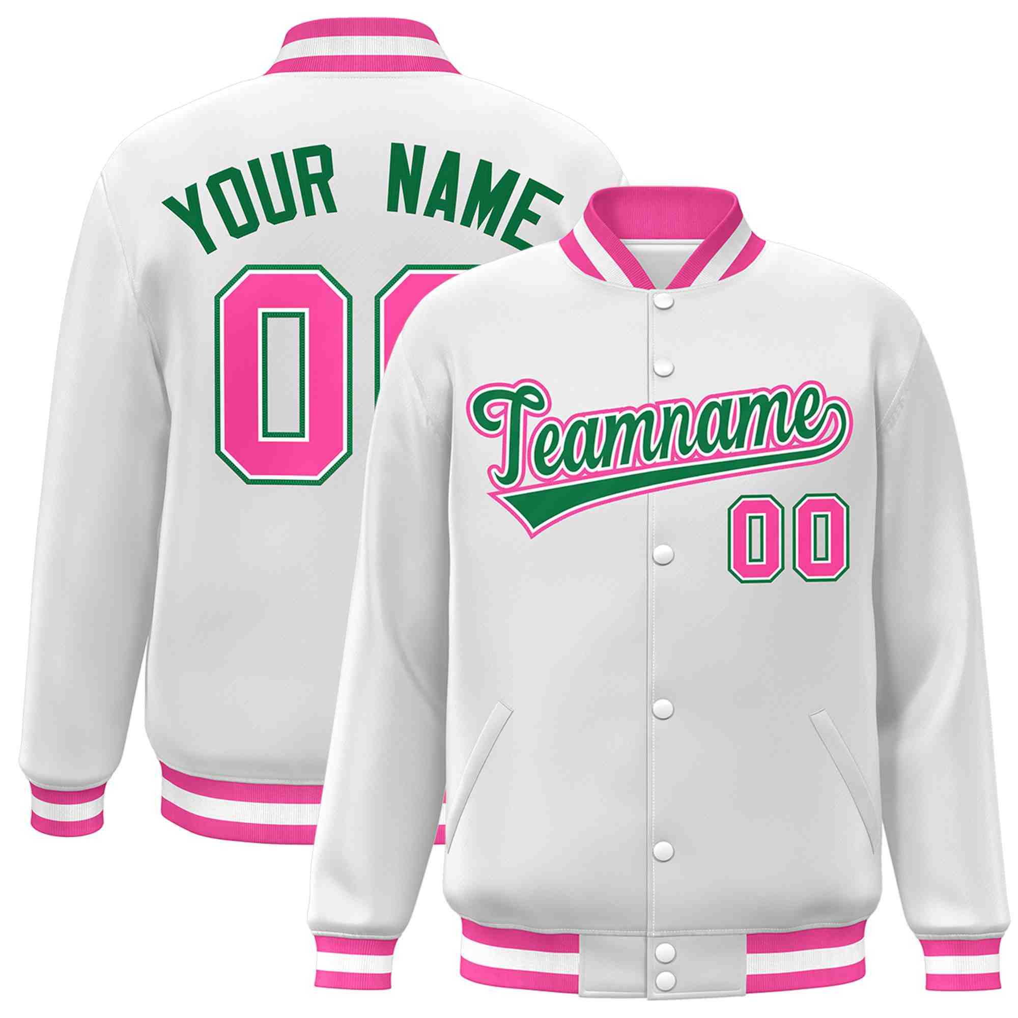 Custom White Green-White Classic Style Varsity Full-Snap Letterman Jacket