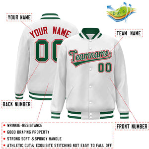 Custom White Green-White Classic Style Varsity Full-Snap Letterman Jacket