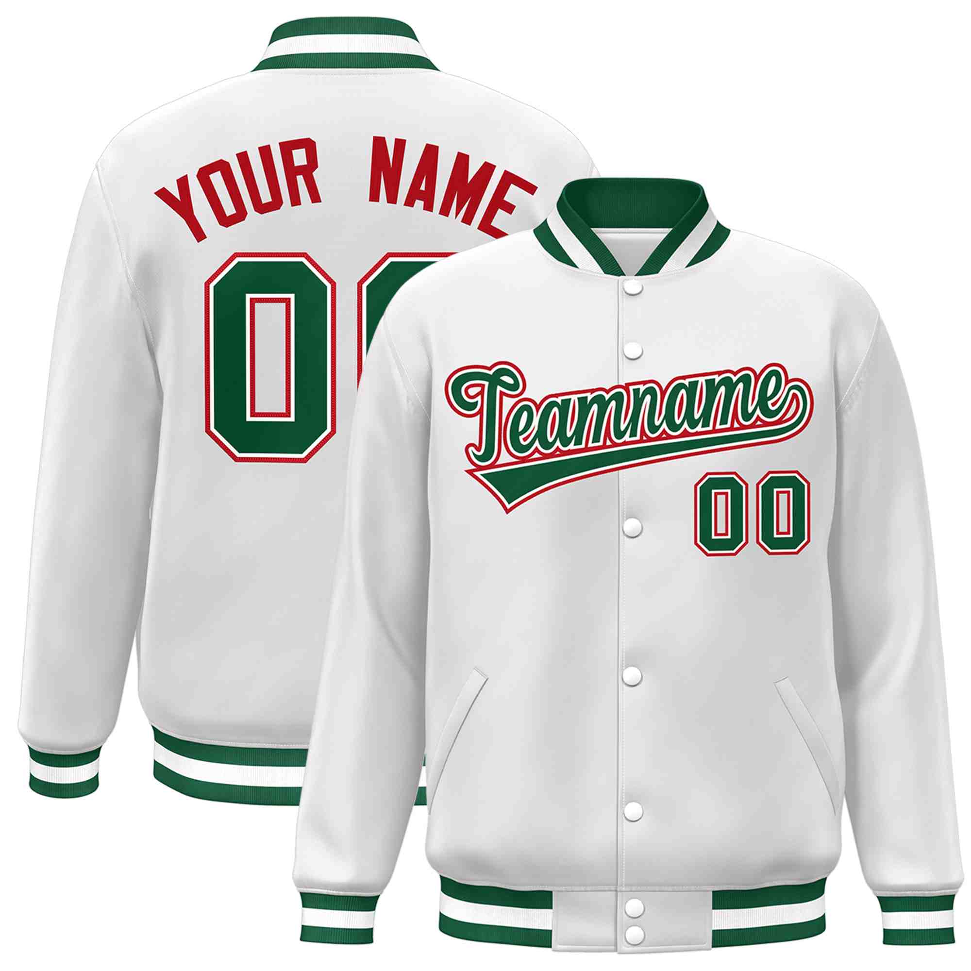 Custom White Green-White Classic Style Varsity Full-Snap Letterman Jacket