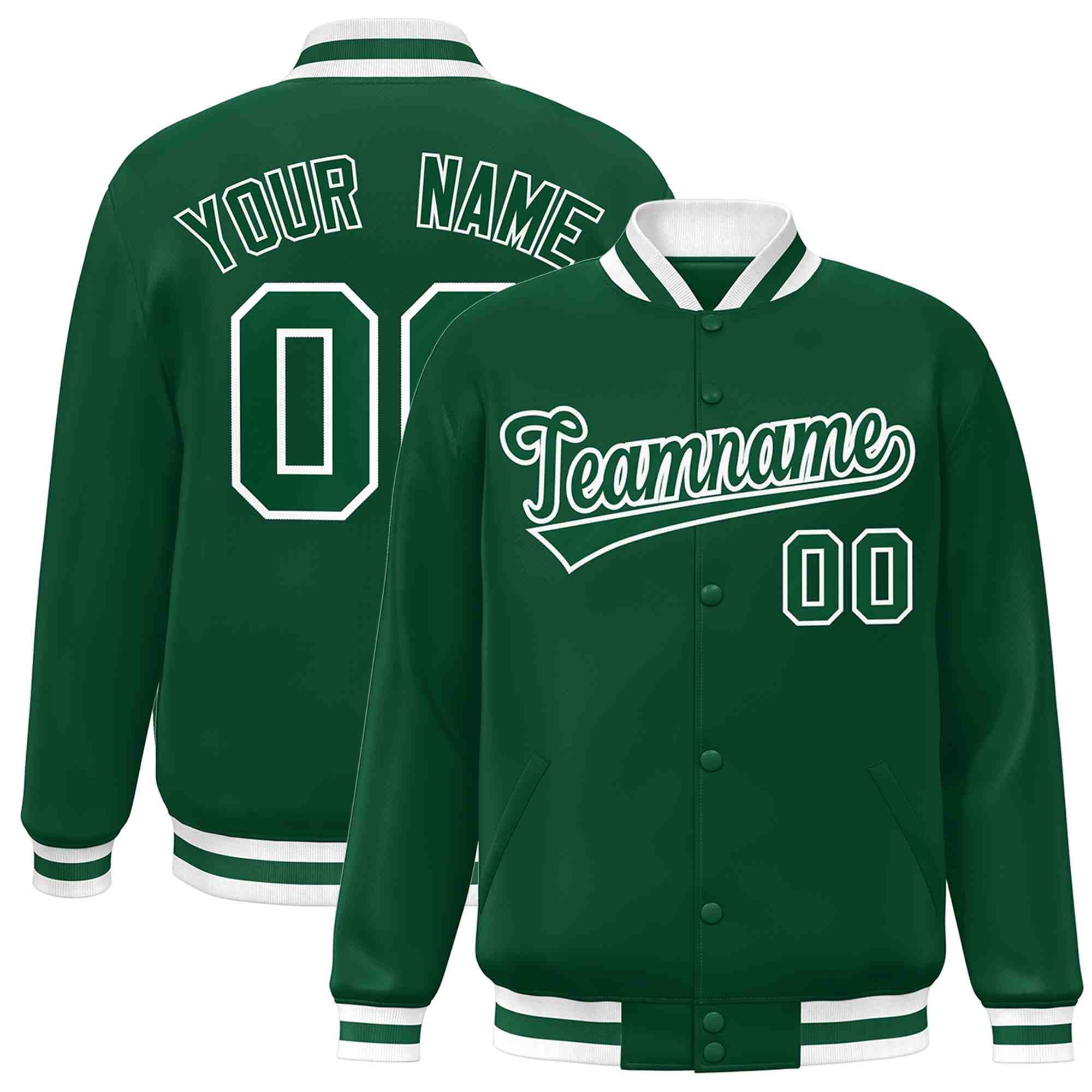 Custom Green Green-White Classic Style Varsity Full-Snap Letterman Jacket