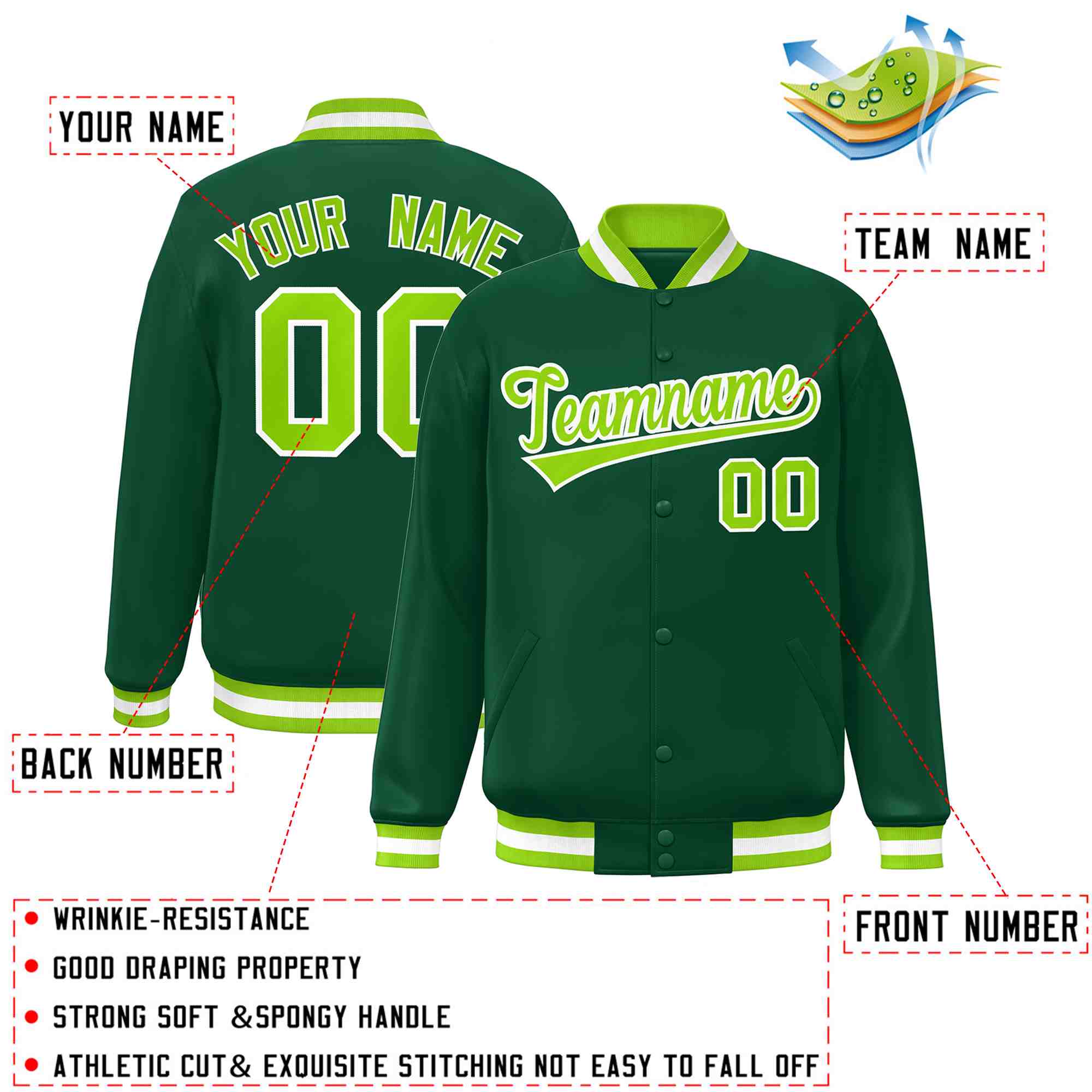 Custom Green Neon Green-White Classic Style Varsity Full-Snap Letterman Jacket