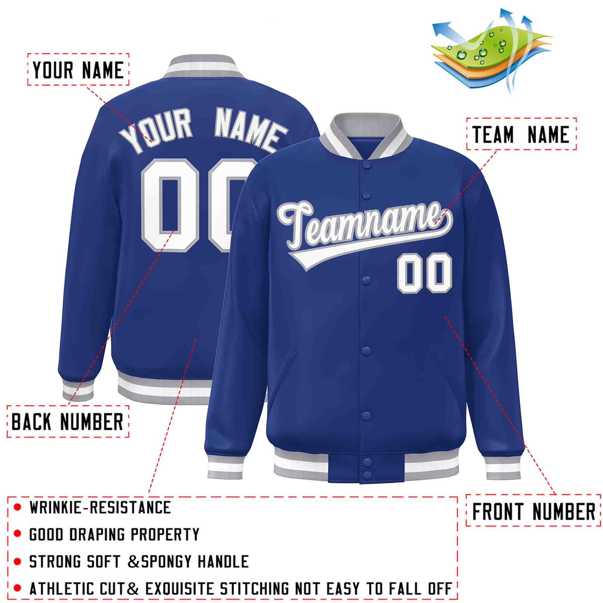 Custom Royal White-Gray Classic Style Varsity Full-Snap Letterman Jacket