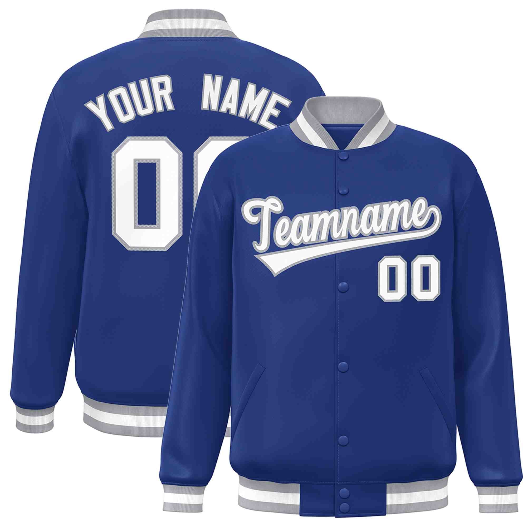 Custom Royal White-Gray Classic Style Varsity Full-Snap Letterman Jacket