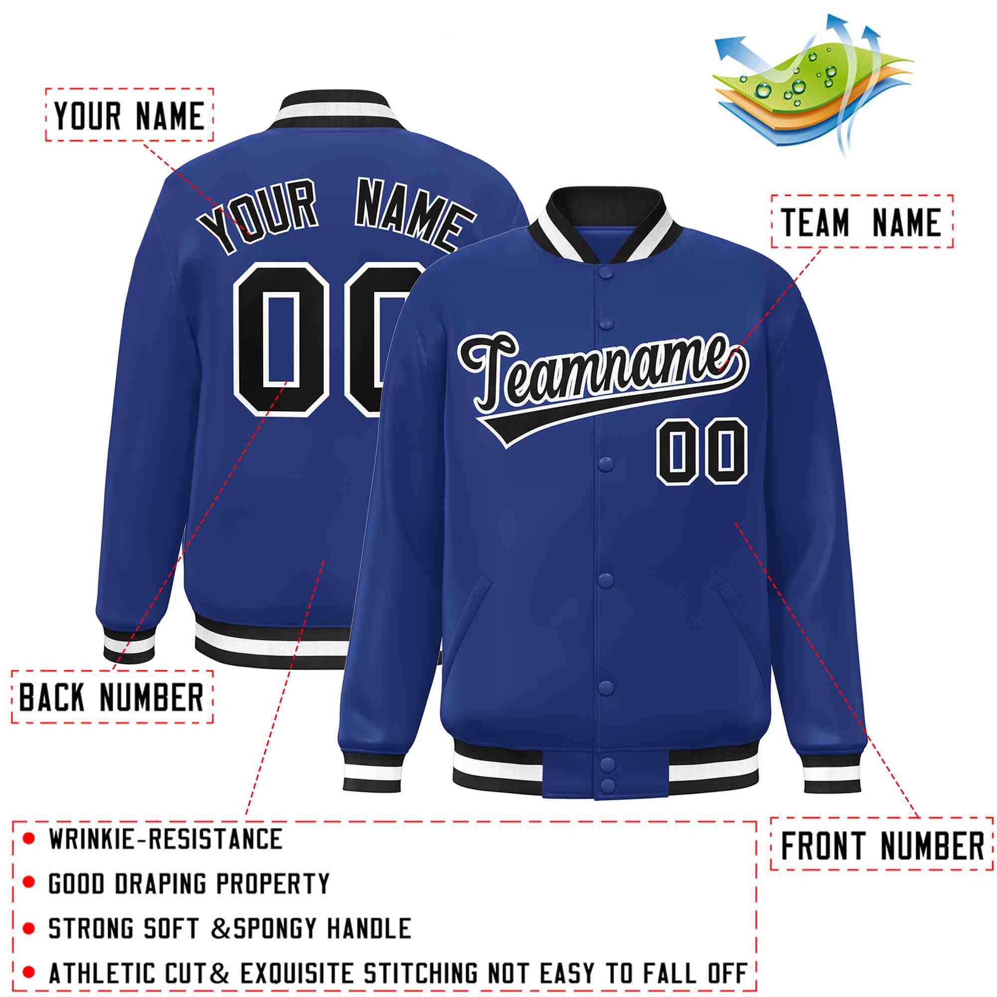 Custom Royal Black-White Classic Style Varsity Full-Snap Letterman Jacket