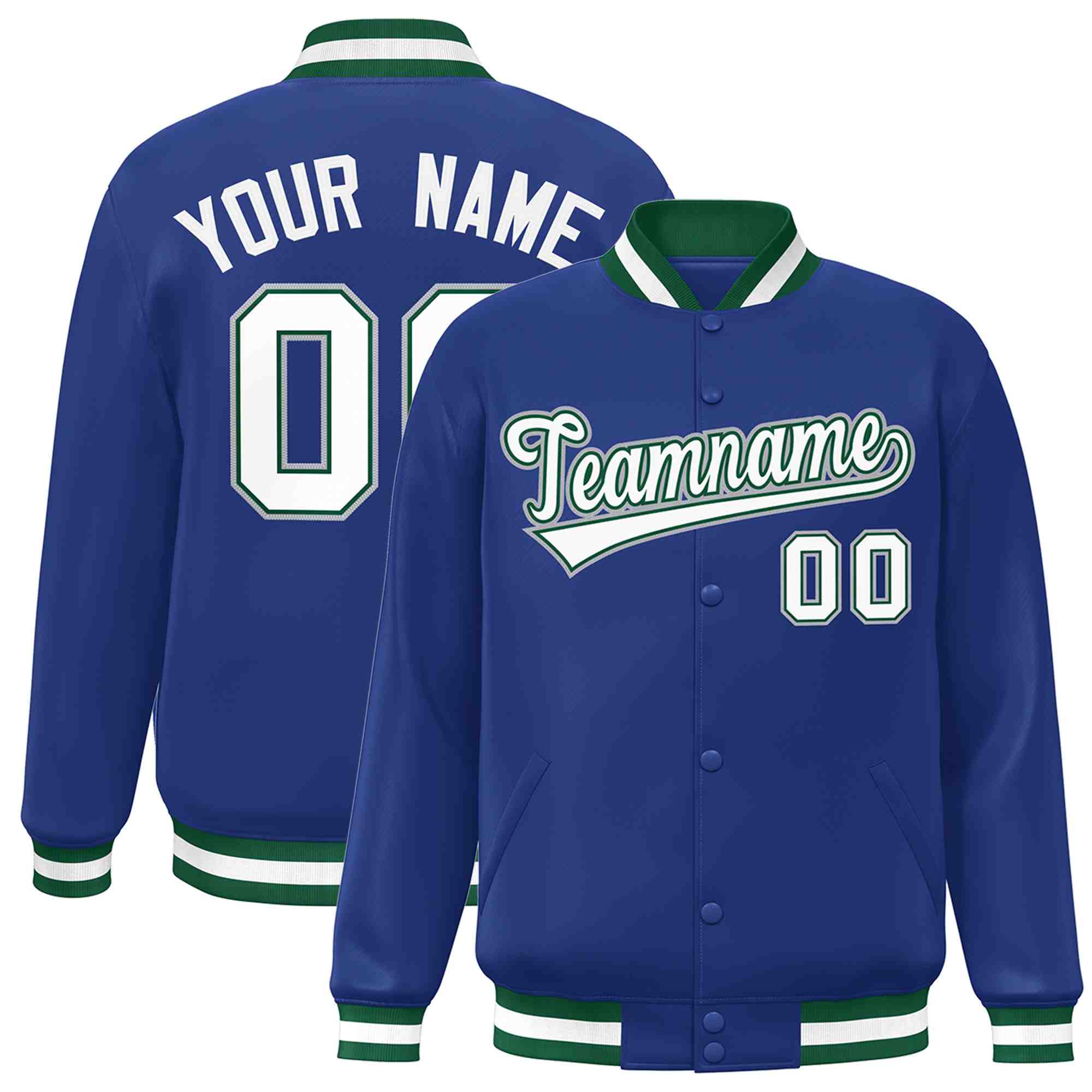 Custom Royal White-Green Classic Style Varsity Full-Snap Letterman Jacket