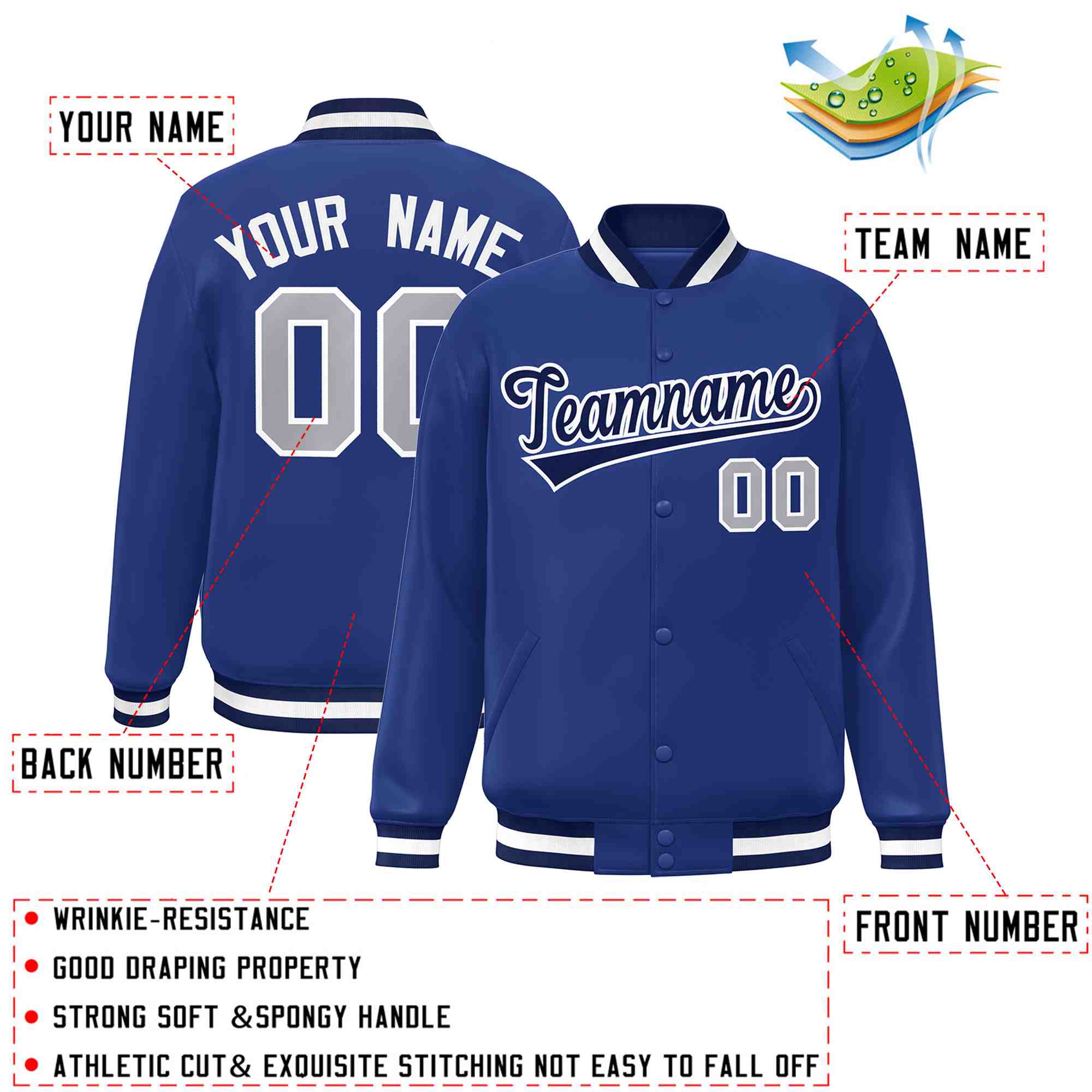 Custom Royal Navy-White Classic Style Varsity Full-Snap Letterman Jacket