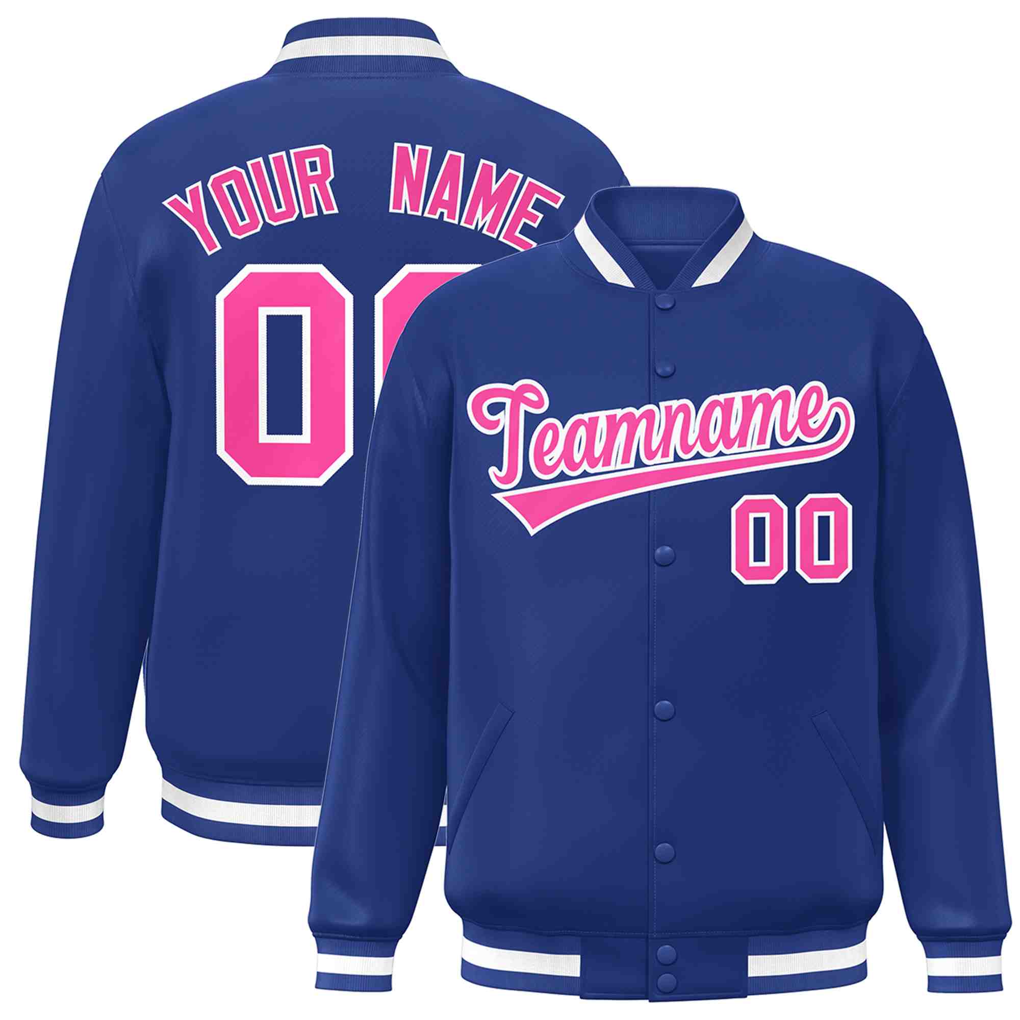 Custom Royal Pink-White Classic Style Varsity Full-Snap Letterman Jacket