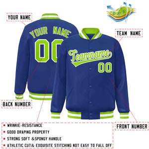 Custom Royal Neon Green-White Classic Style Varsity Full-Snap Letterman Jacket