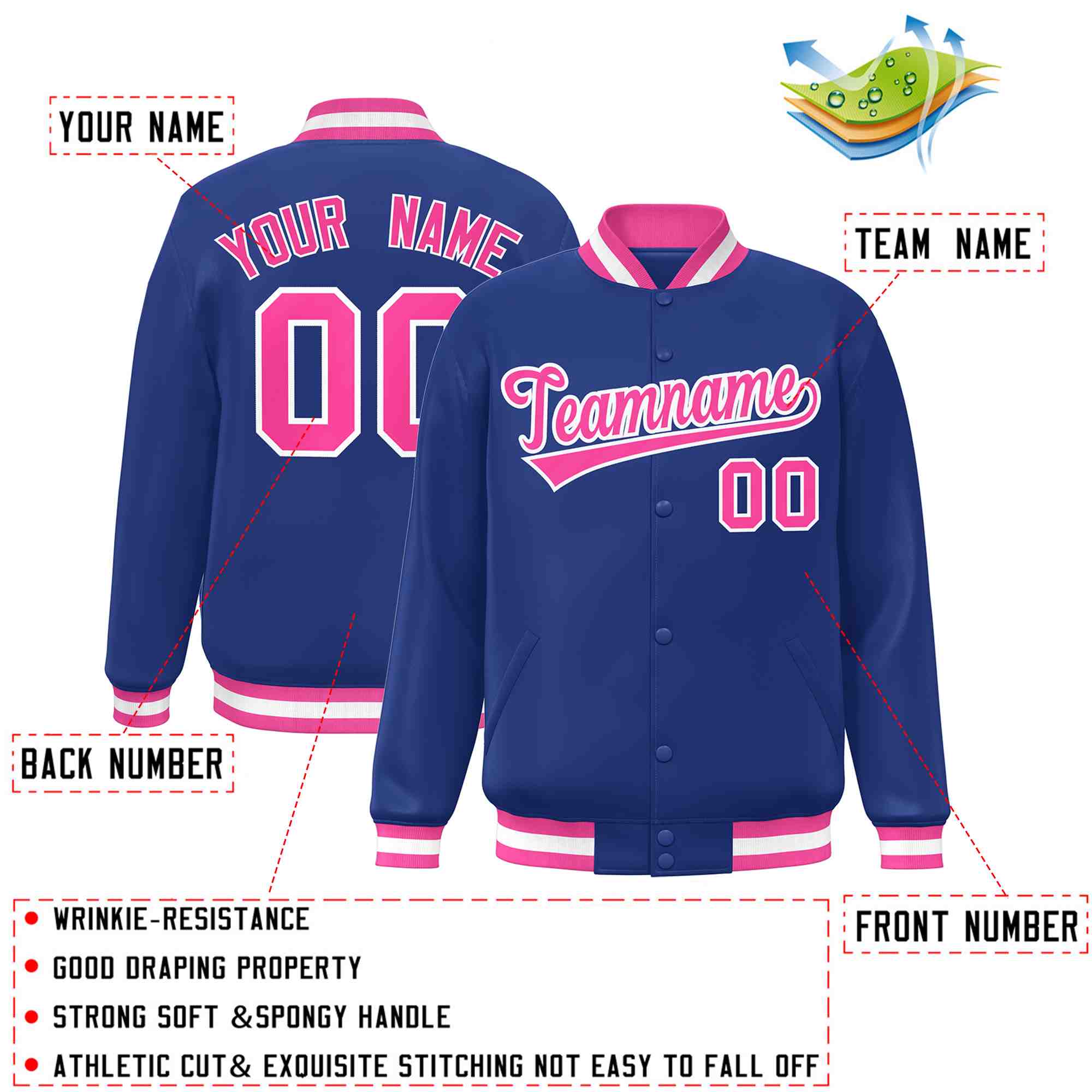 Custom Royal Pink-White Classic Style Varsity Full-Snap Letterman Jacket