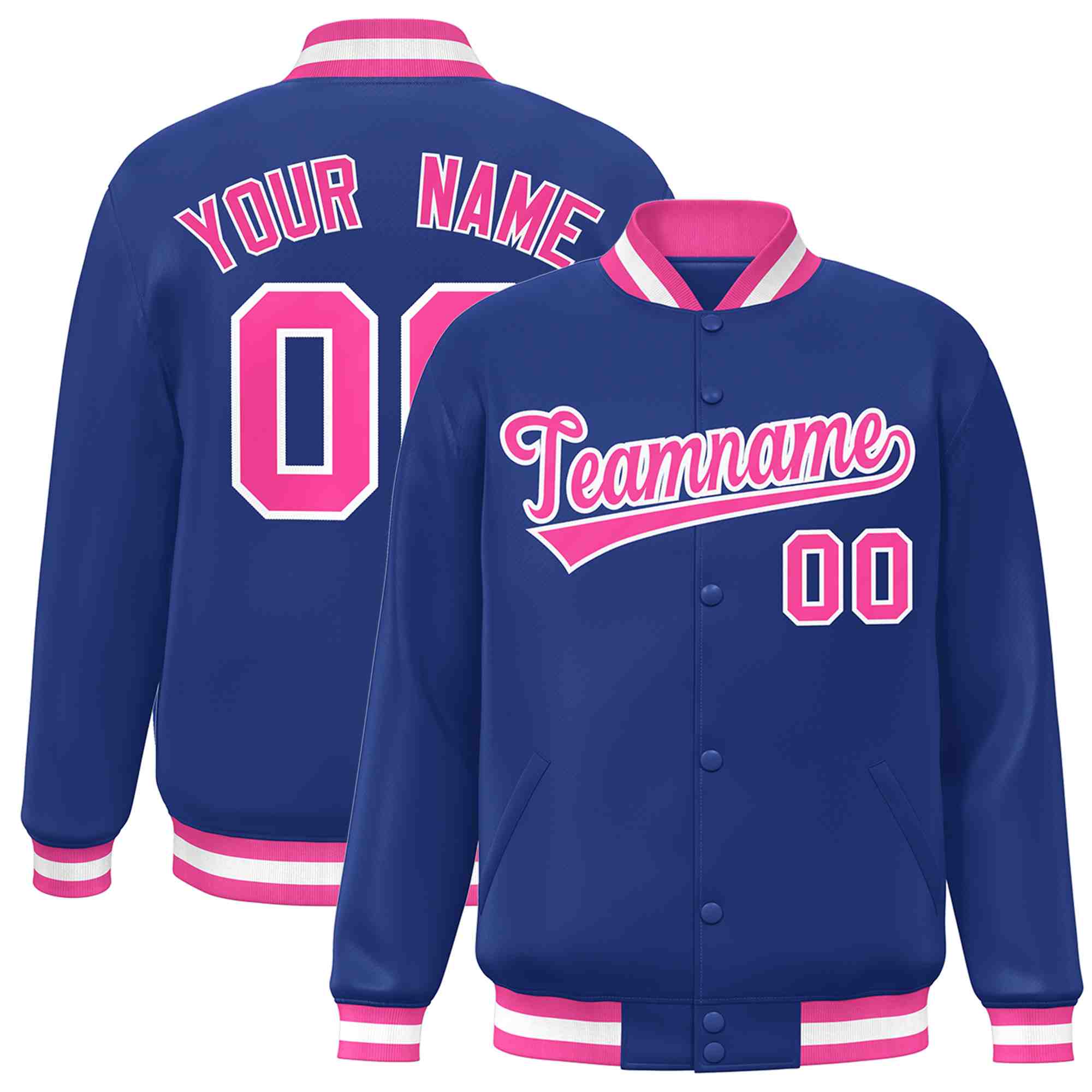 Custom Royal Pink-White Classic Style Varsity Full-Snap Letterman Jacket