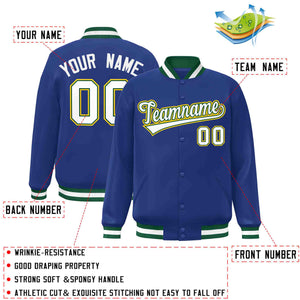 Custom Royal White-Green Classic Style Varsity Full-Snap Letterman Jacket