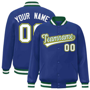 Custom Royal White-Green Classic Style Varsity Full-Snap Letterman Jacket