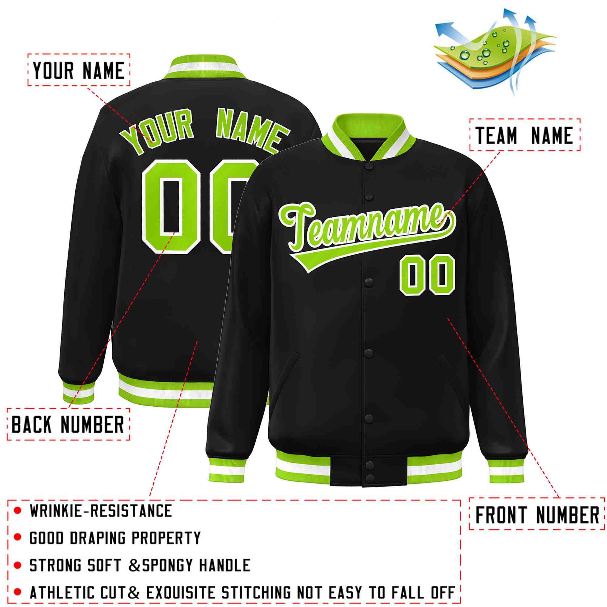 Custom Black Neon Green-White Classic Style Varsity Full-Snap Letterman Jacket