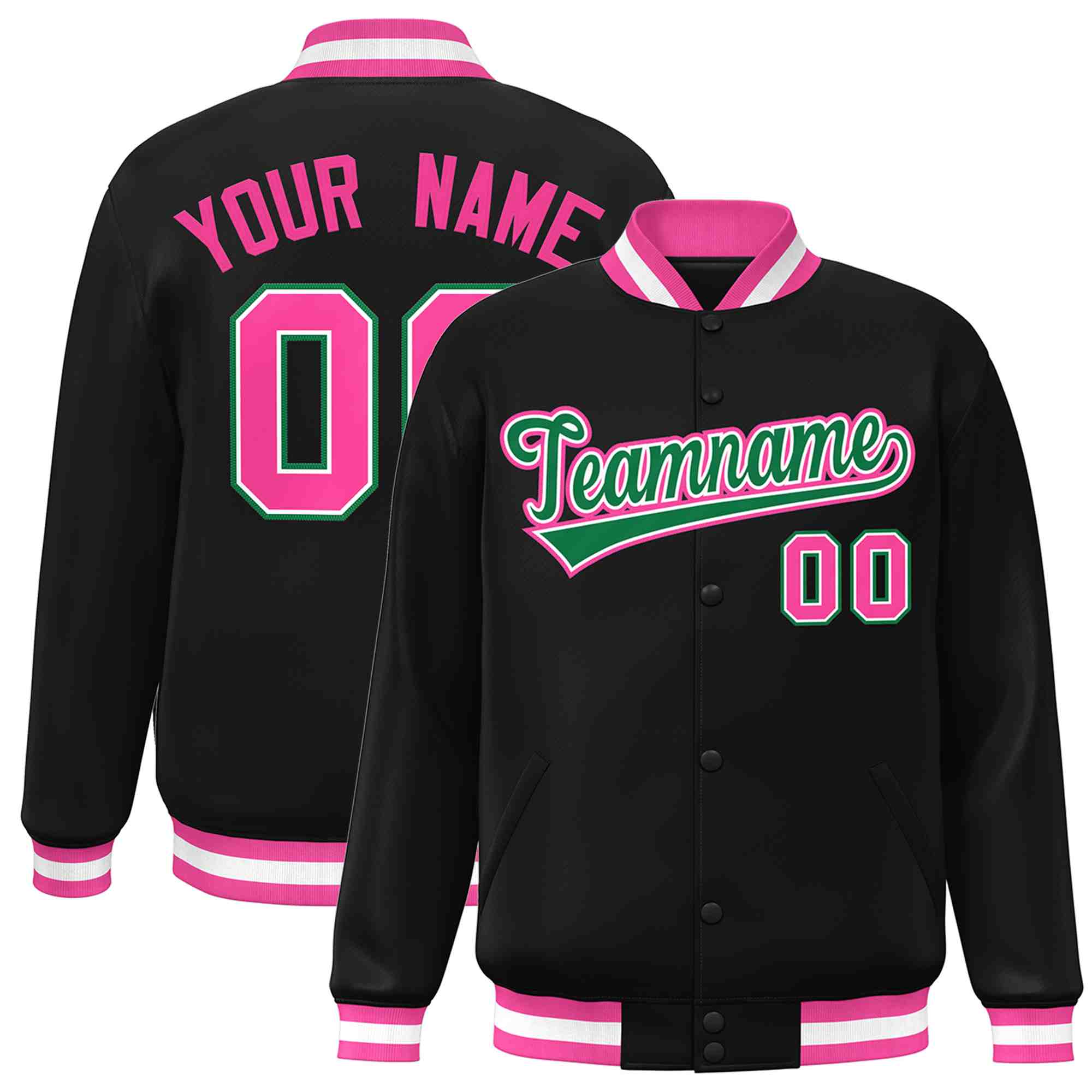 Custom Black Green-White Classic Style Varsity Full-Snap Letterman Jacket