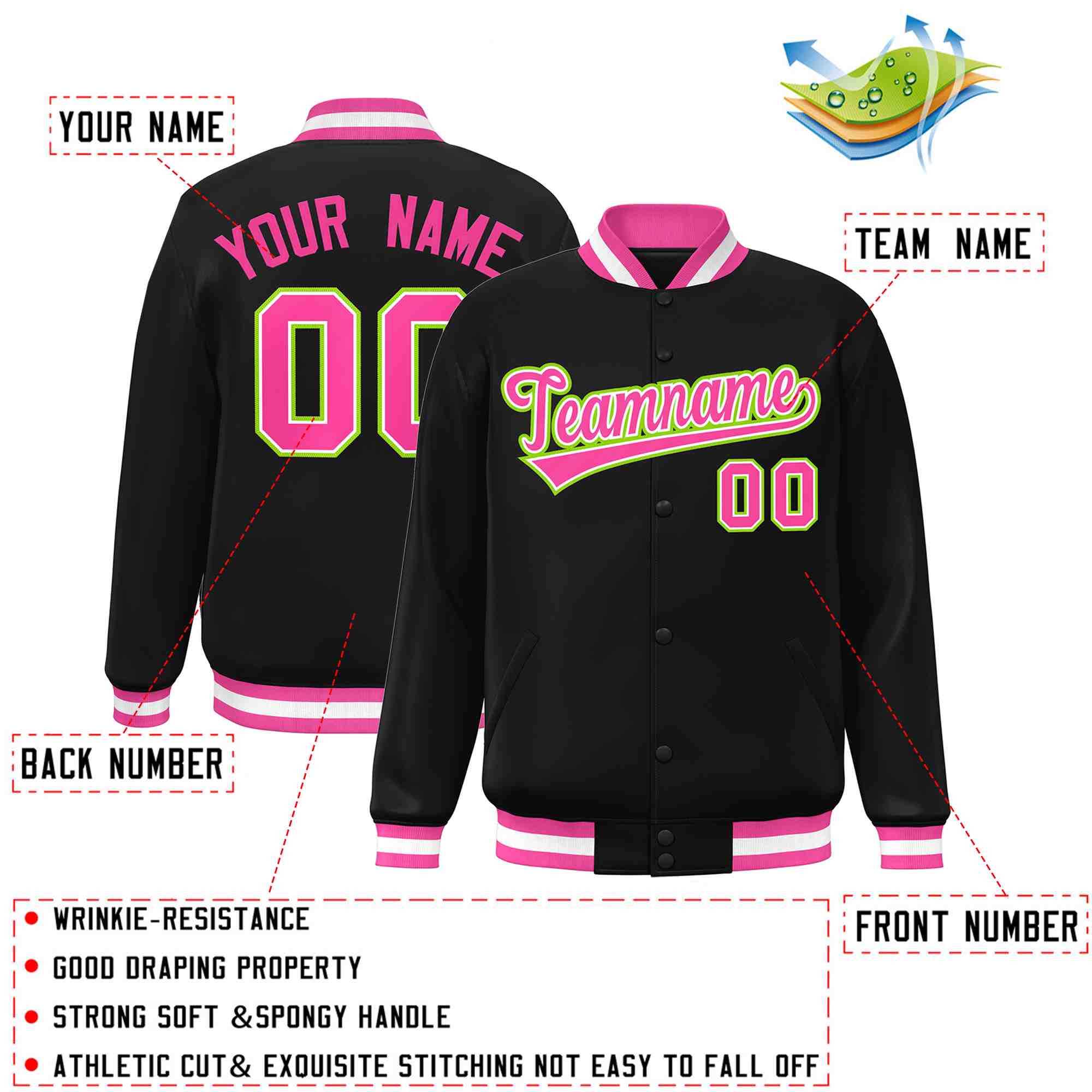 Custom Black Pink-White Classic Style Varsity Full-Snap Letterman Jacket