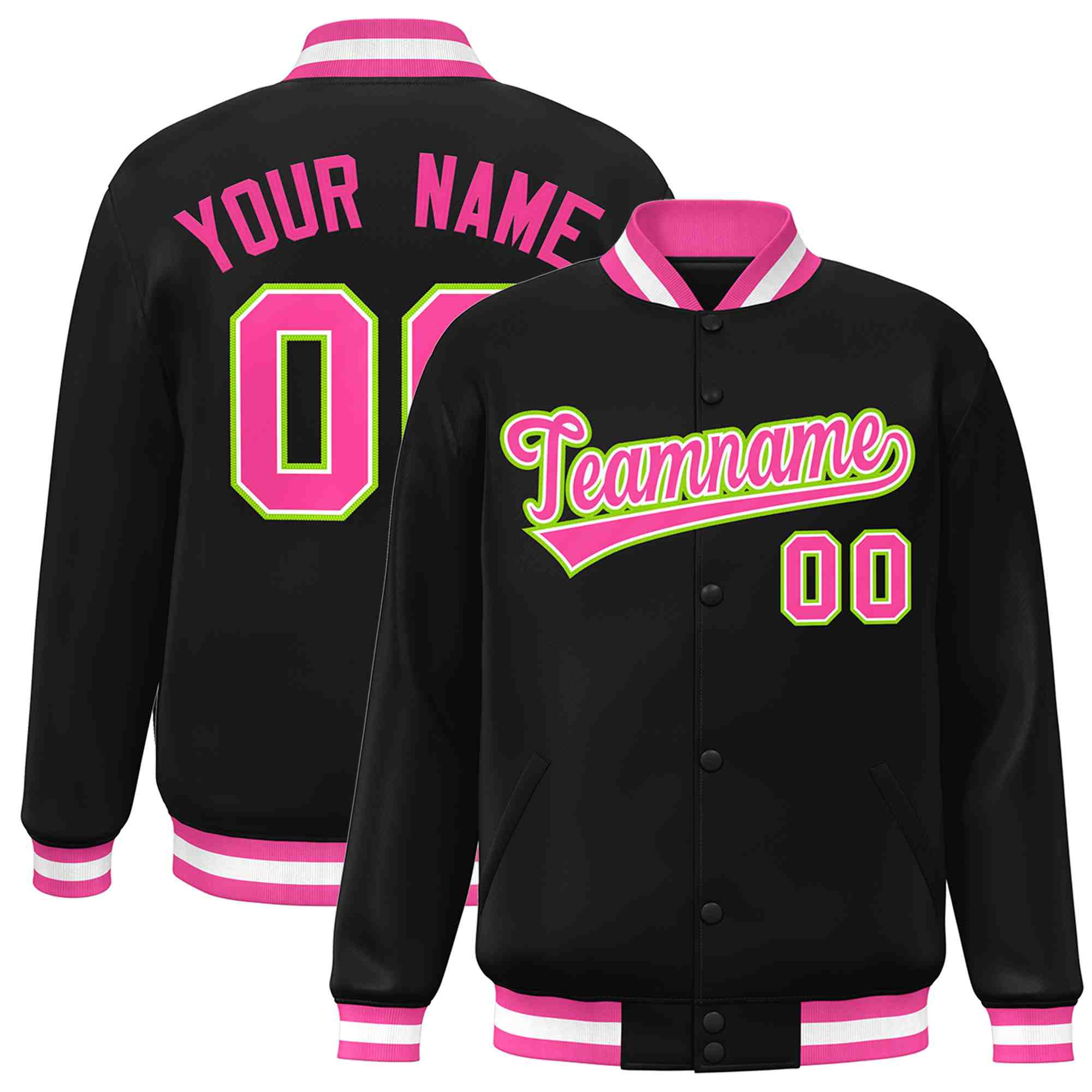 Custom Black Pink-White Classic Style Varsity Full-Snap Letterman Jacket