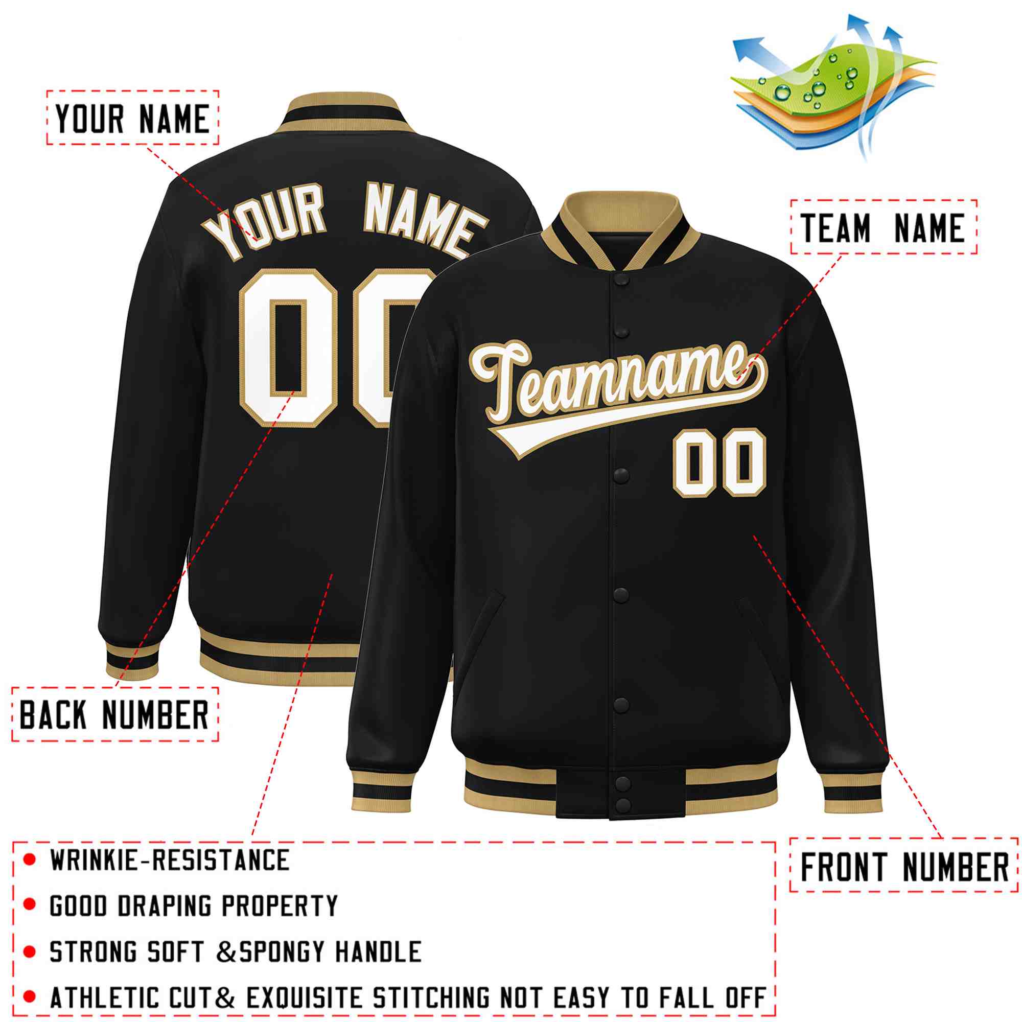 Custom Black White-Old Gold Classic Style Varsity Full-Snap Letterman Jacket