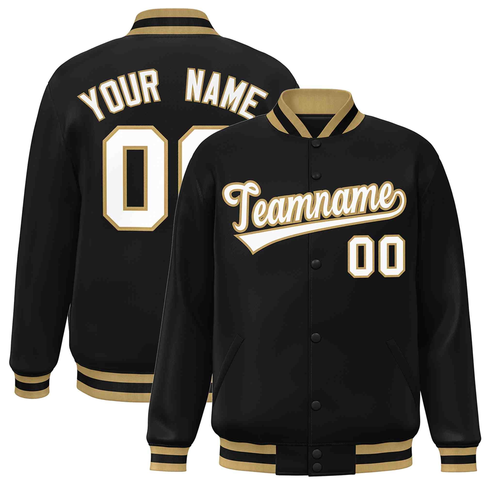 Custom Black White-Old Gold Classic Style Varsity Full-Snap Letterman Jacket