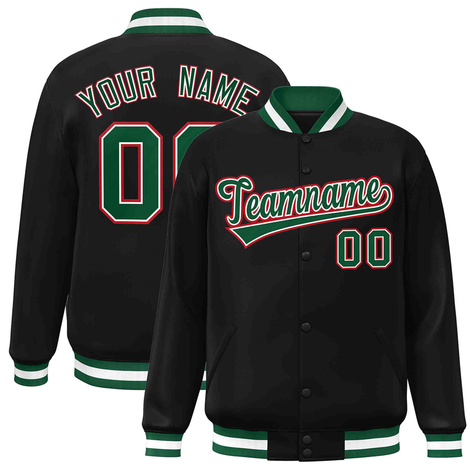 Custom Black Green-White Classic Style Varsity Full-Snap Letterman Jacket