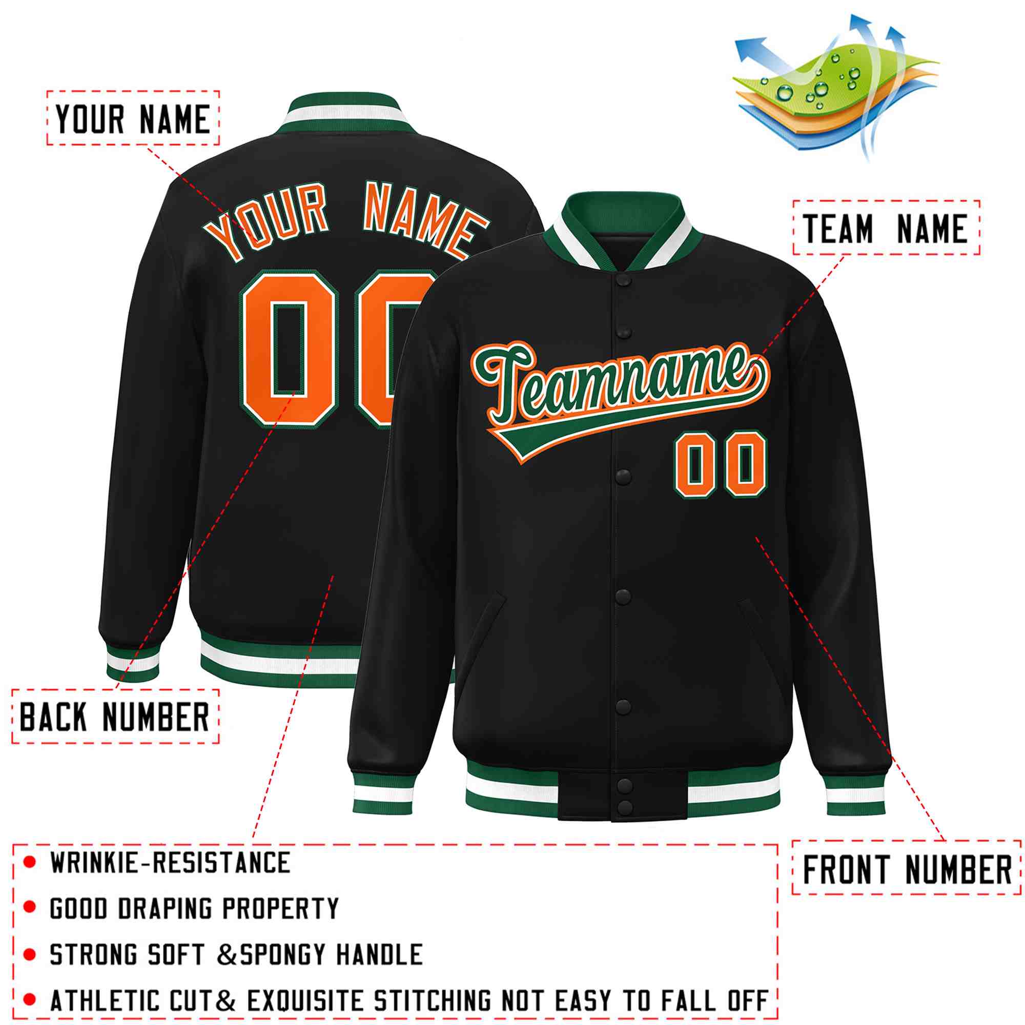 Custom Black Green-White Classic Style Varsity Full-Snap Letterman Jacket