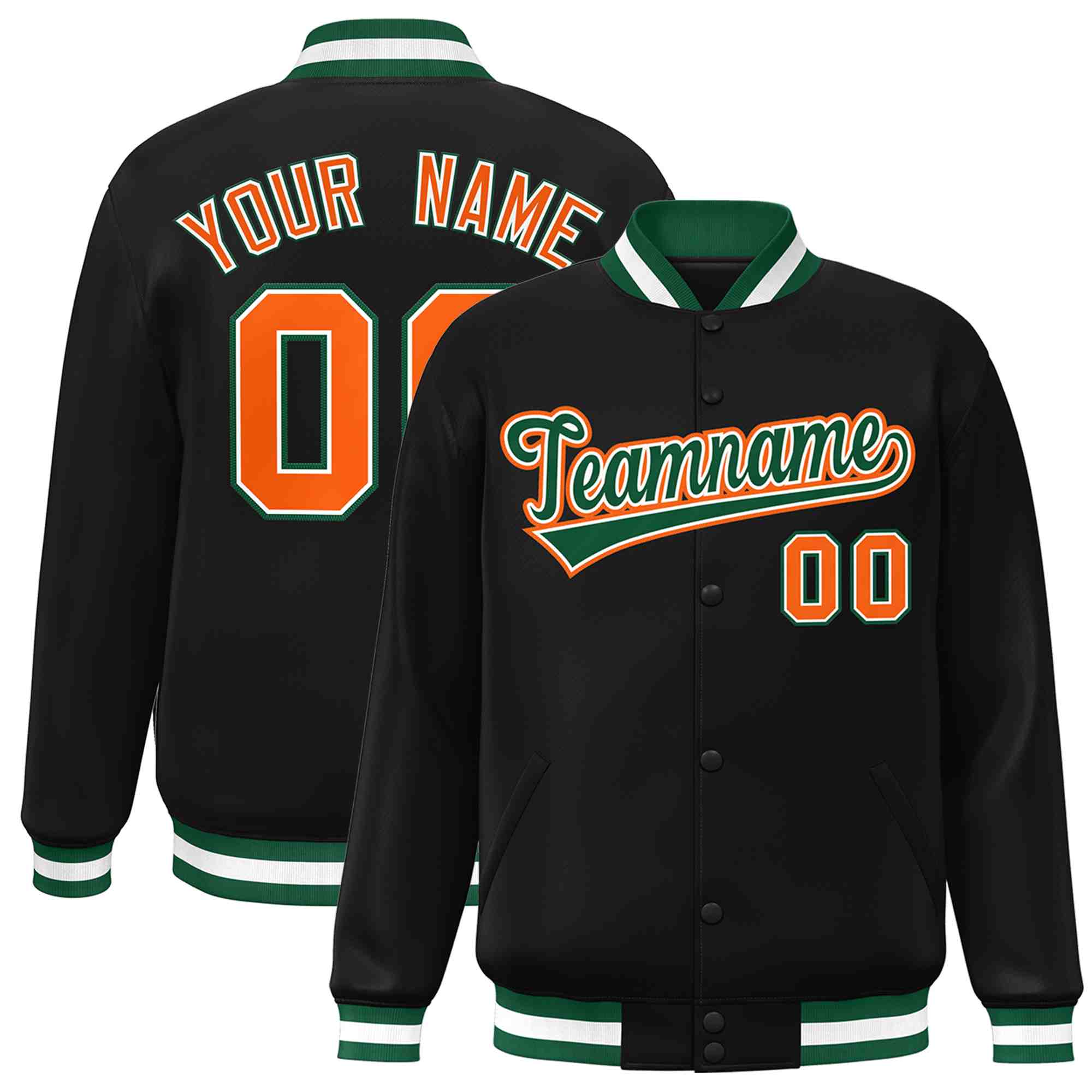 Custom Black Green-White Classic Style Varsity Full-Snap Letterman Jacket