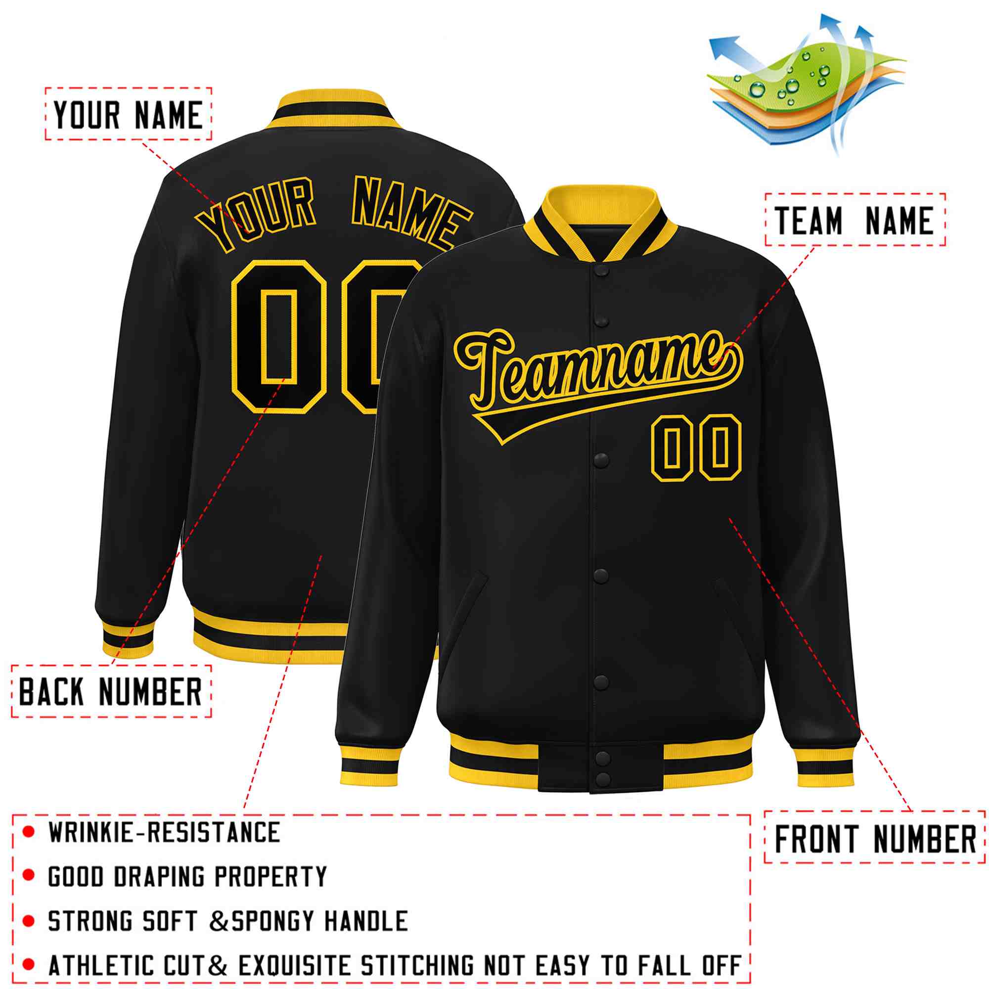 Custom Black Black-Gold Classic Style Varsity Full-Snap Letterman Jacket